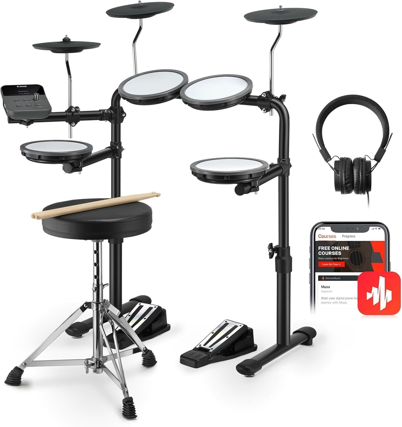 Donner DED-70 Electric Drum Set with 4 Quiet Mesh Drum Pads, 2 Switch Pedal,