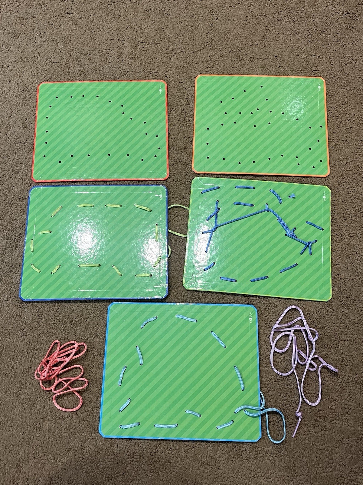 EUC 2003 eeBoo “Things That Go” Lacing Cards with 5 Cards & Laces