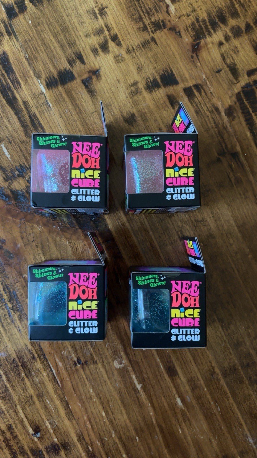 Lot of 4 NeeDoh Nice Cube Glitter & Glow squishy Squish Toy Schylling