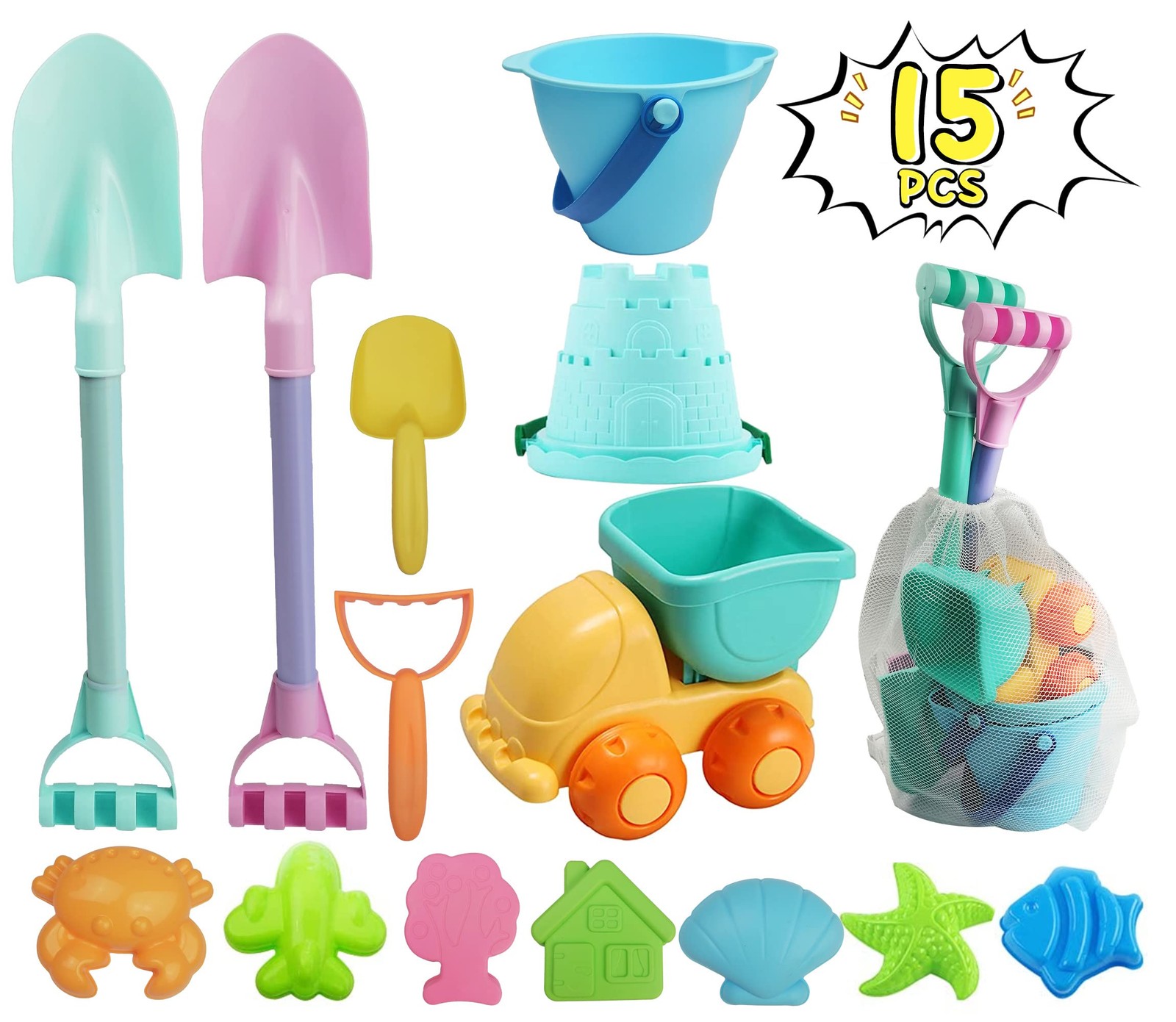 IOKUKI Long Shovels Sand Toys Set with Mesh Bag Including Small, Multicolor