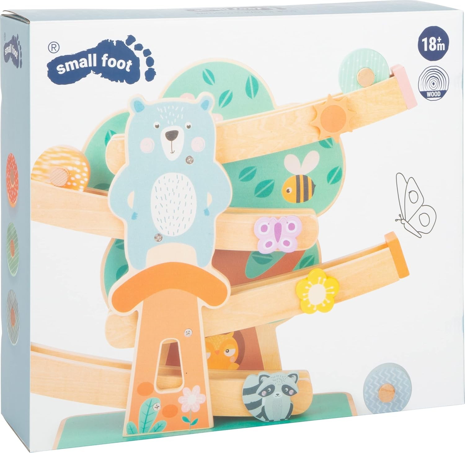 Small Foot 11473 Wooden Marble Run, on 3 wheels and including animals and flower
