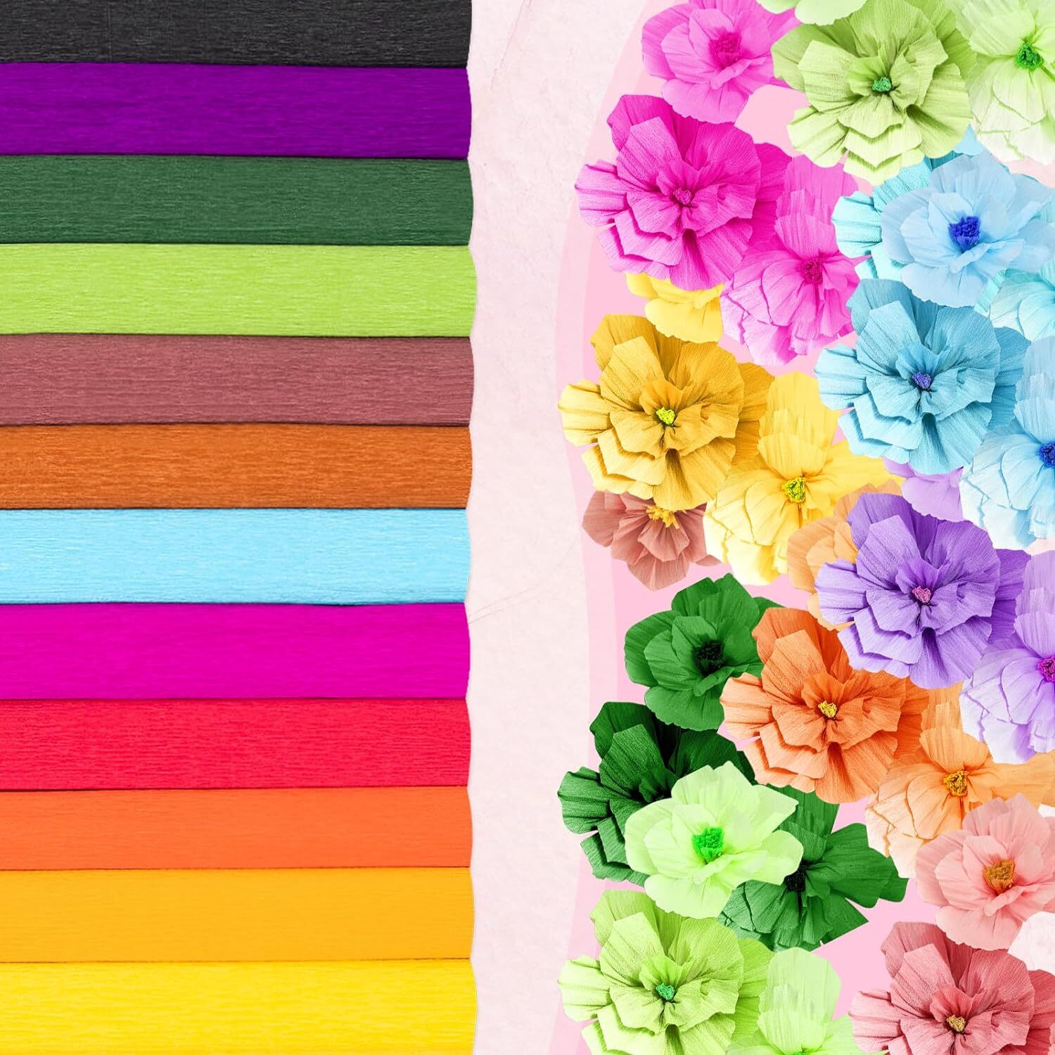12 Colors Crepe Paper Rolls, 10 x 98Inch Wide Sheets Deep Color