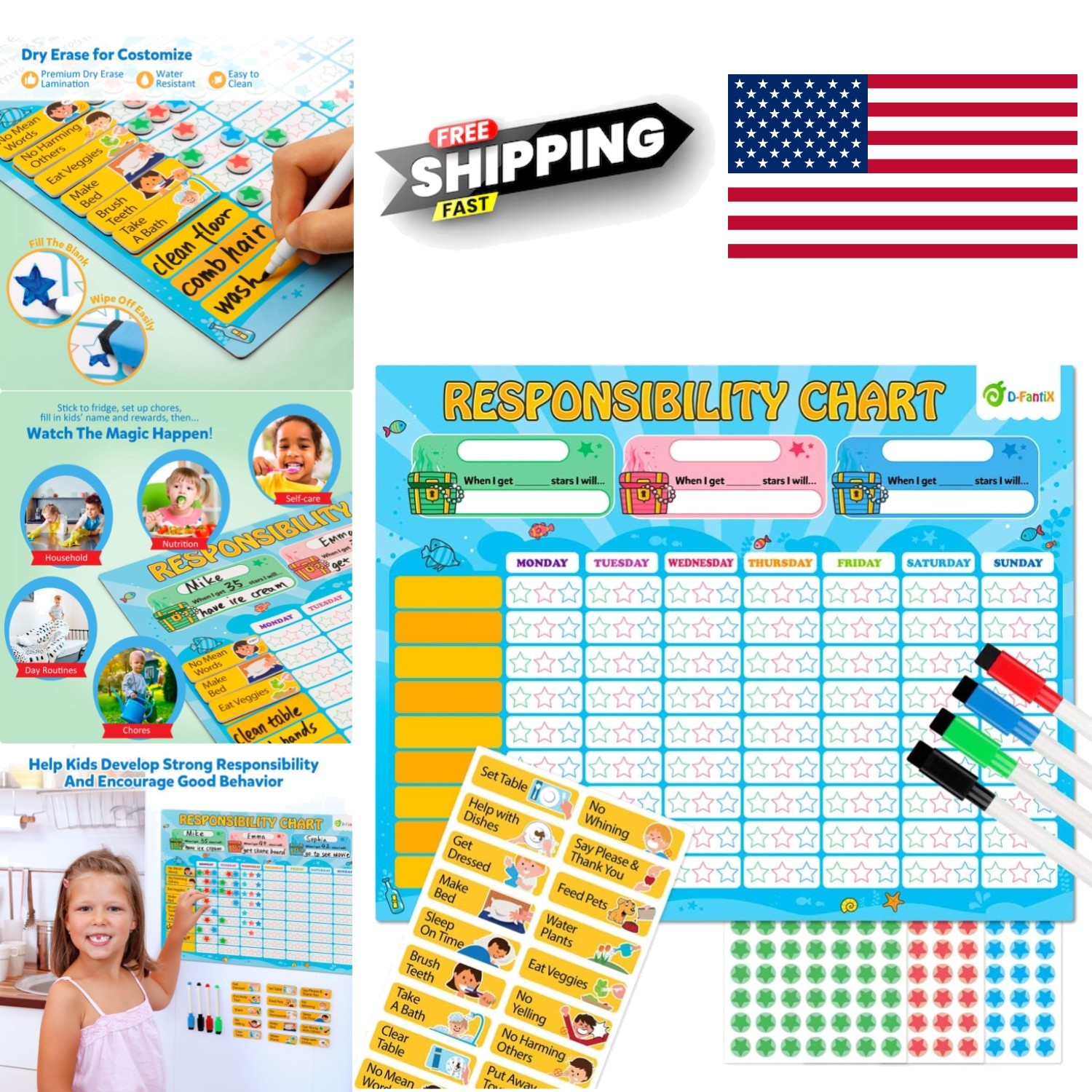 Magnetic Responsibility Chart with 3 Packs of Task Magnets for Positive Behavior