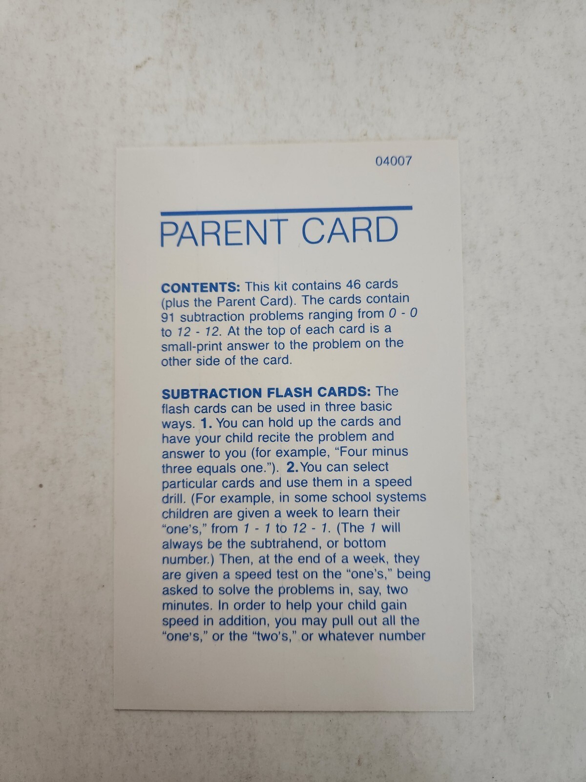 SUBTRACTION Flash Cards NOS from School Zone Home Schooling FREE SHIPPING 1984