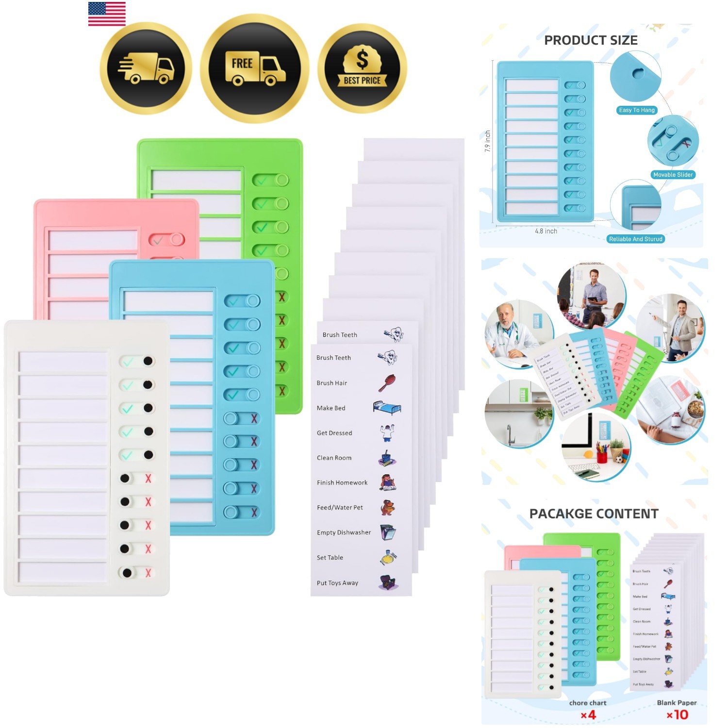 4 Pieces Chores Chart for Kids Chore Chart, Sliding Routine Chart to Do List,…