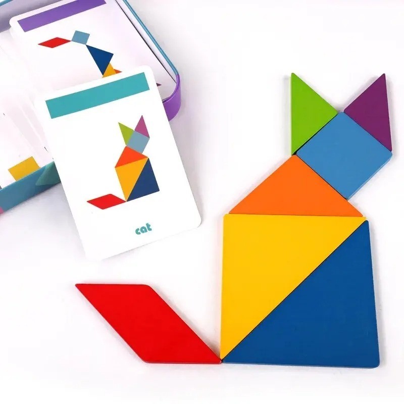 Children’s Wooden Colorful Tangram Iron Box Storage Jigsaw Puzzle Puzzle Early