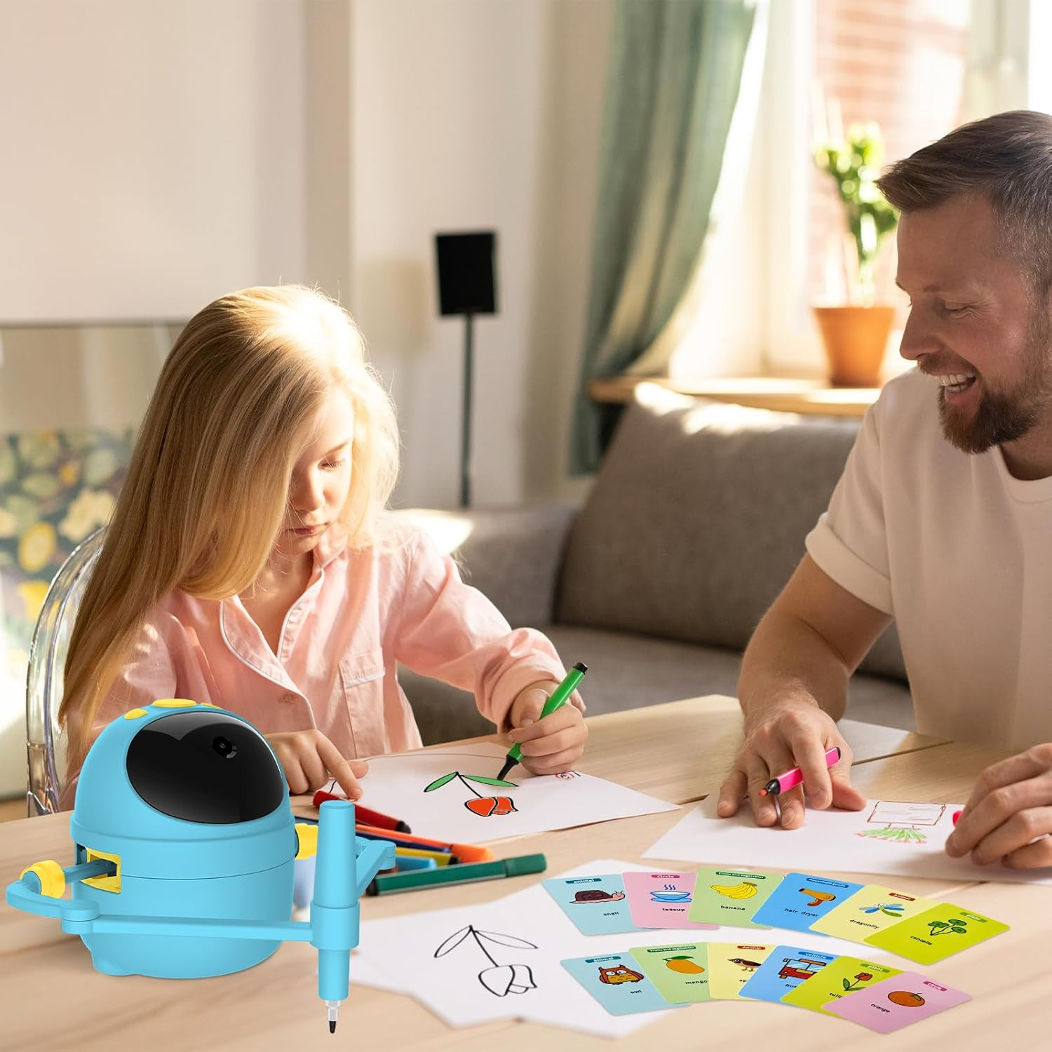 Drawing Robot for Kids with Card-Sensing Camera, 150 Learning Cards and 17 Color