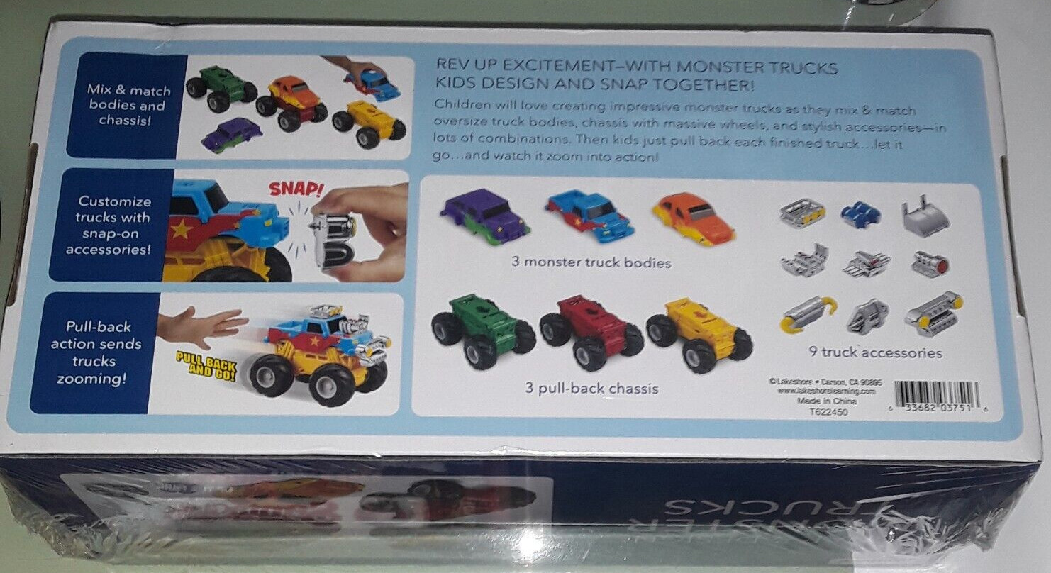 lakeshore learn & play SNAP & DESIGN MONSTER TRUCKS NEW edge / corner dings