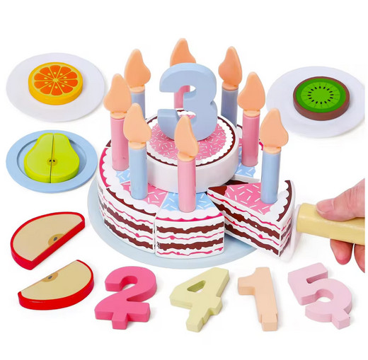 Wooden Kids Kitchen Toy Birthday Cake Pretend Play Cutting Food Educational Gift