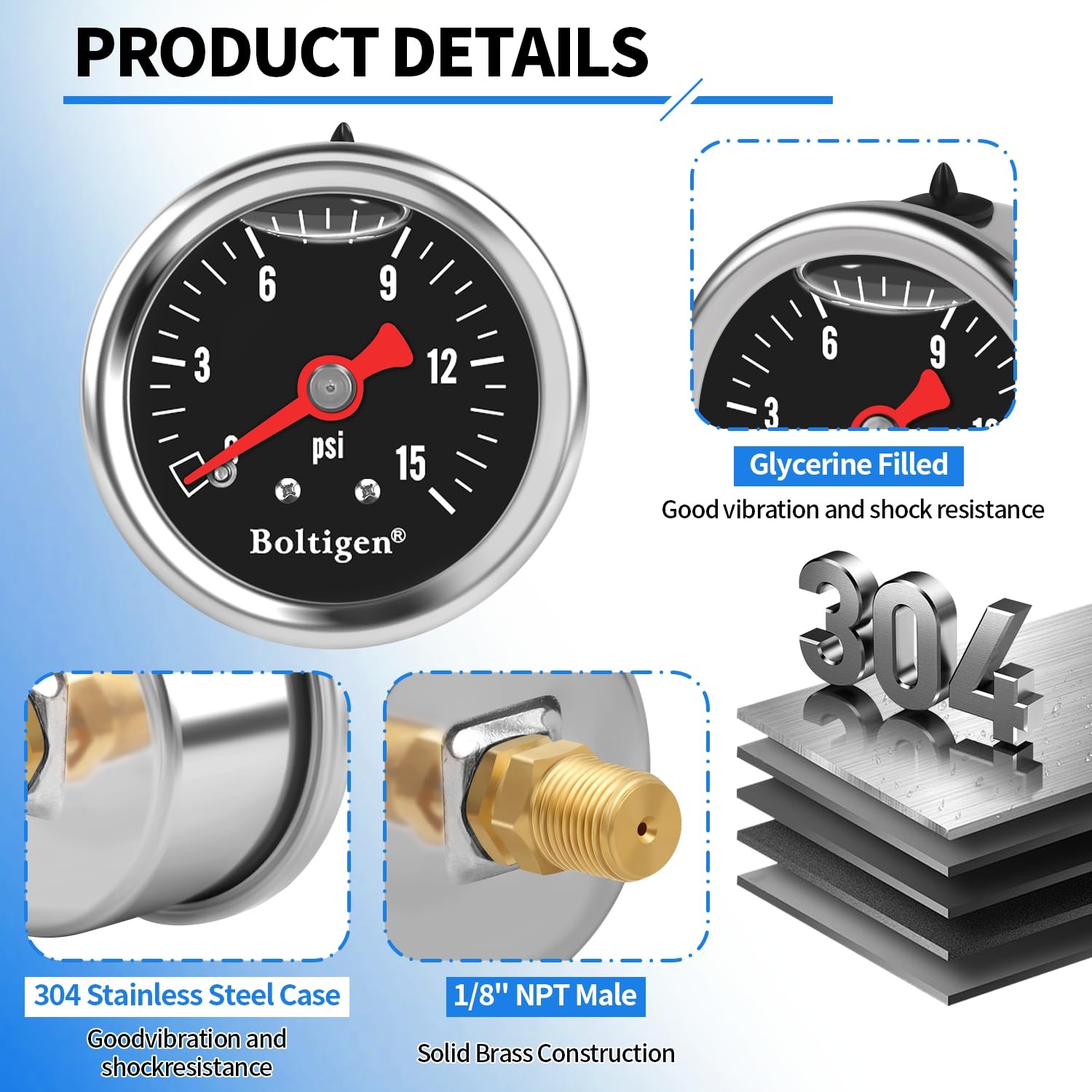 Fuel Pressure Gauge 0-15 PSI Inline Gauge Kit with 1/8 NPT Connector Black