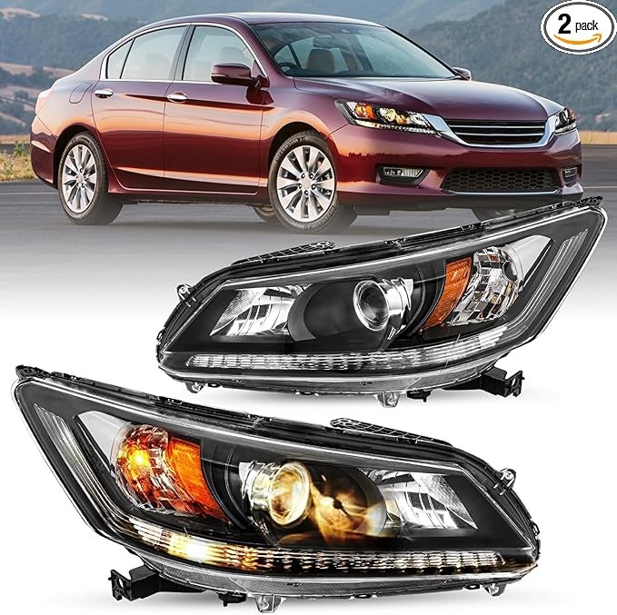 13-15 Honda Accord Sedan Headlight Assembly Pair Black Projector Housing & Amber