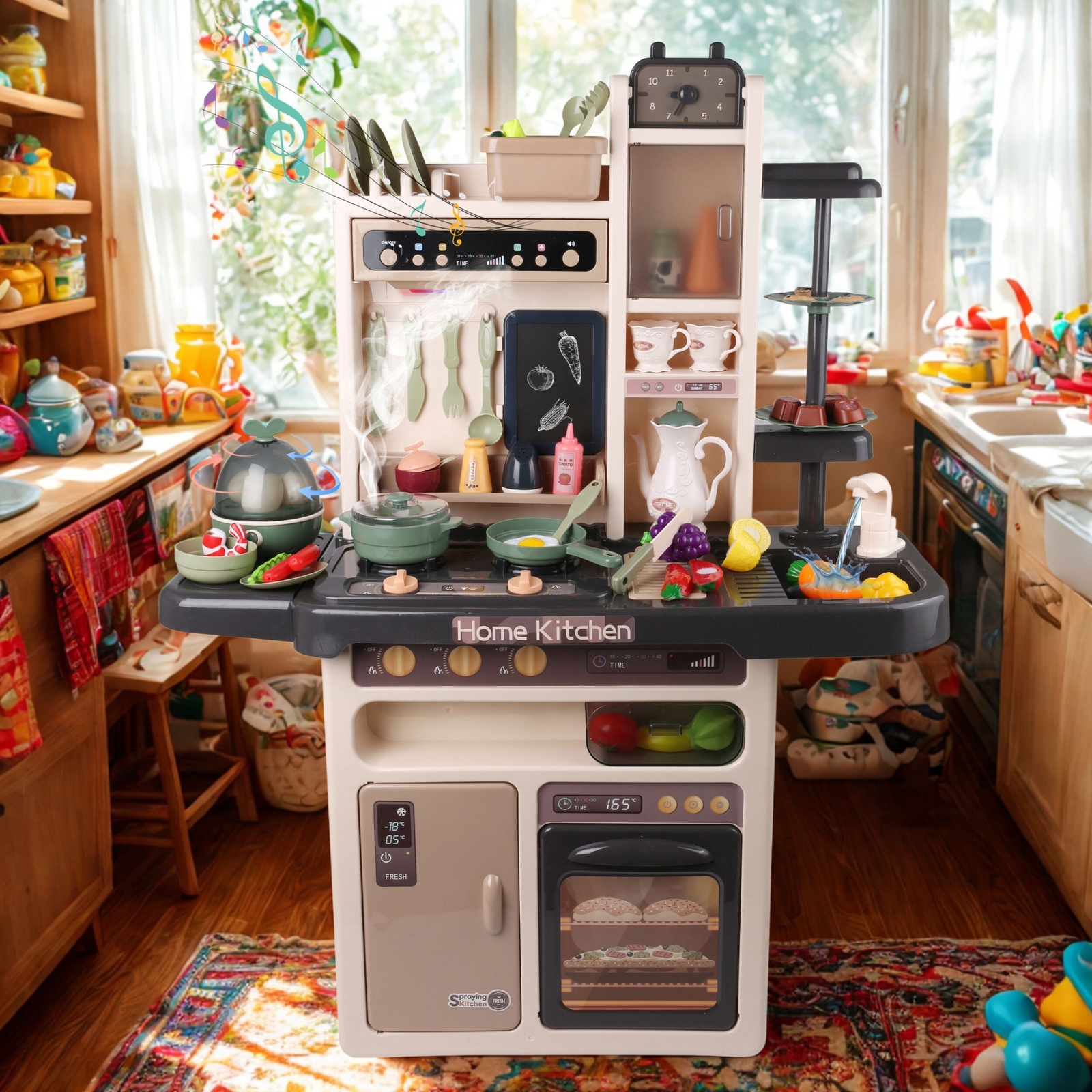 Realistic Kitchen Toy Set for Kids with Lights, Music, Steam & Accessories 65Pcs