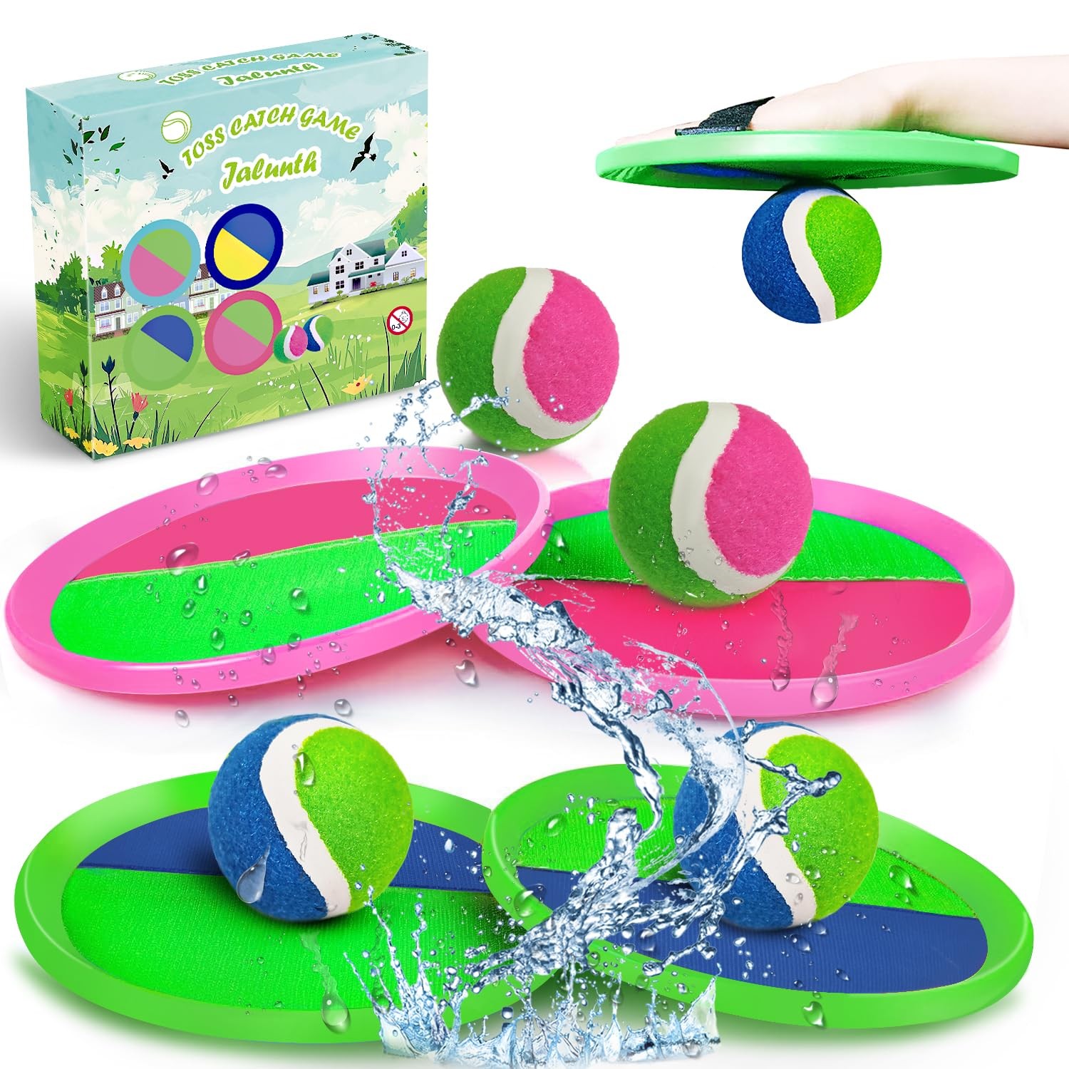 Jalunth Ball Catch Set Game Paddle – Beach Toys Medium, Green+pink 4 Pack
