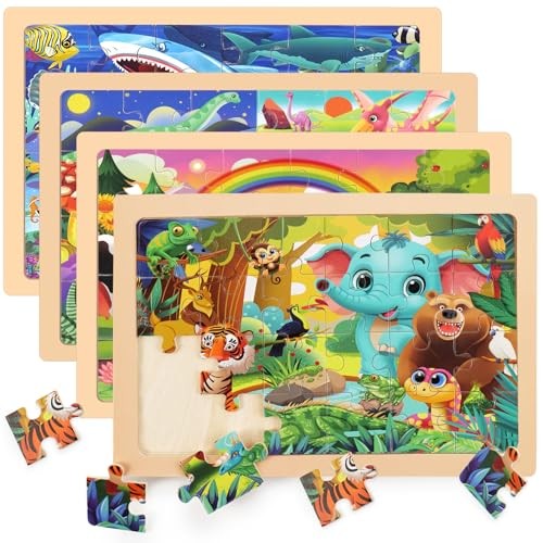 4 Packs 24 PCs Wooden Puzzles for Kids Ages 3-5, Montessori Toddler Animal