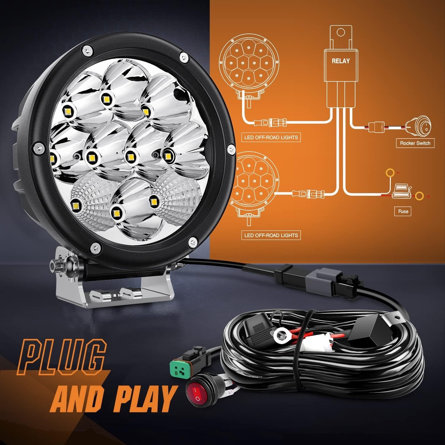 5.7 Inch Round 50W LED Driving Light w/ 16AWG DT Connector Wiring Harness 6500LM