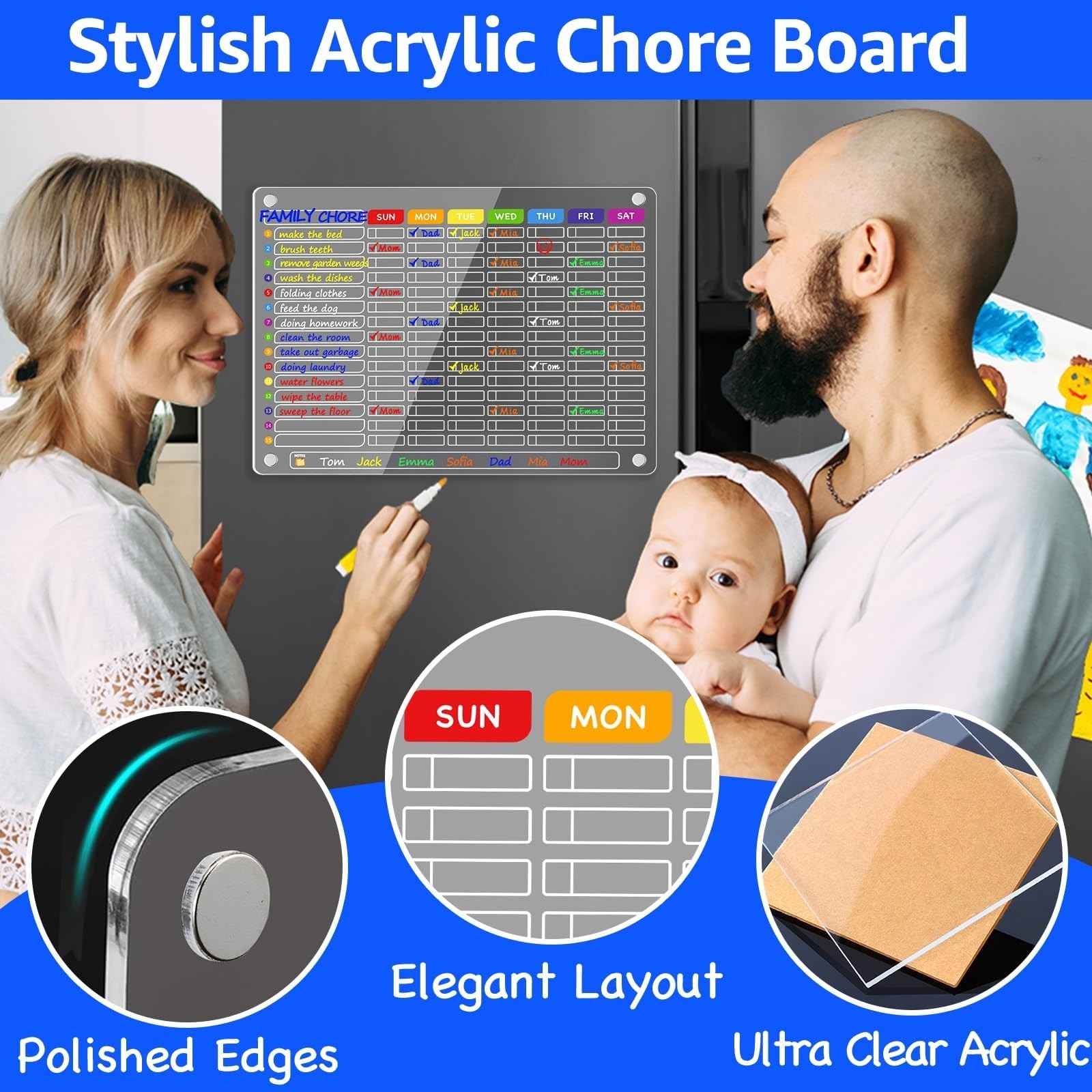 Large Acrylic Magnetic Chore Chart for Families – 16″x12″ Dry Erase Board, 12 Ma