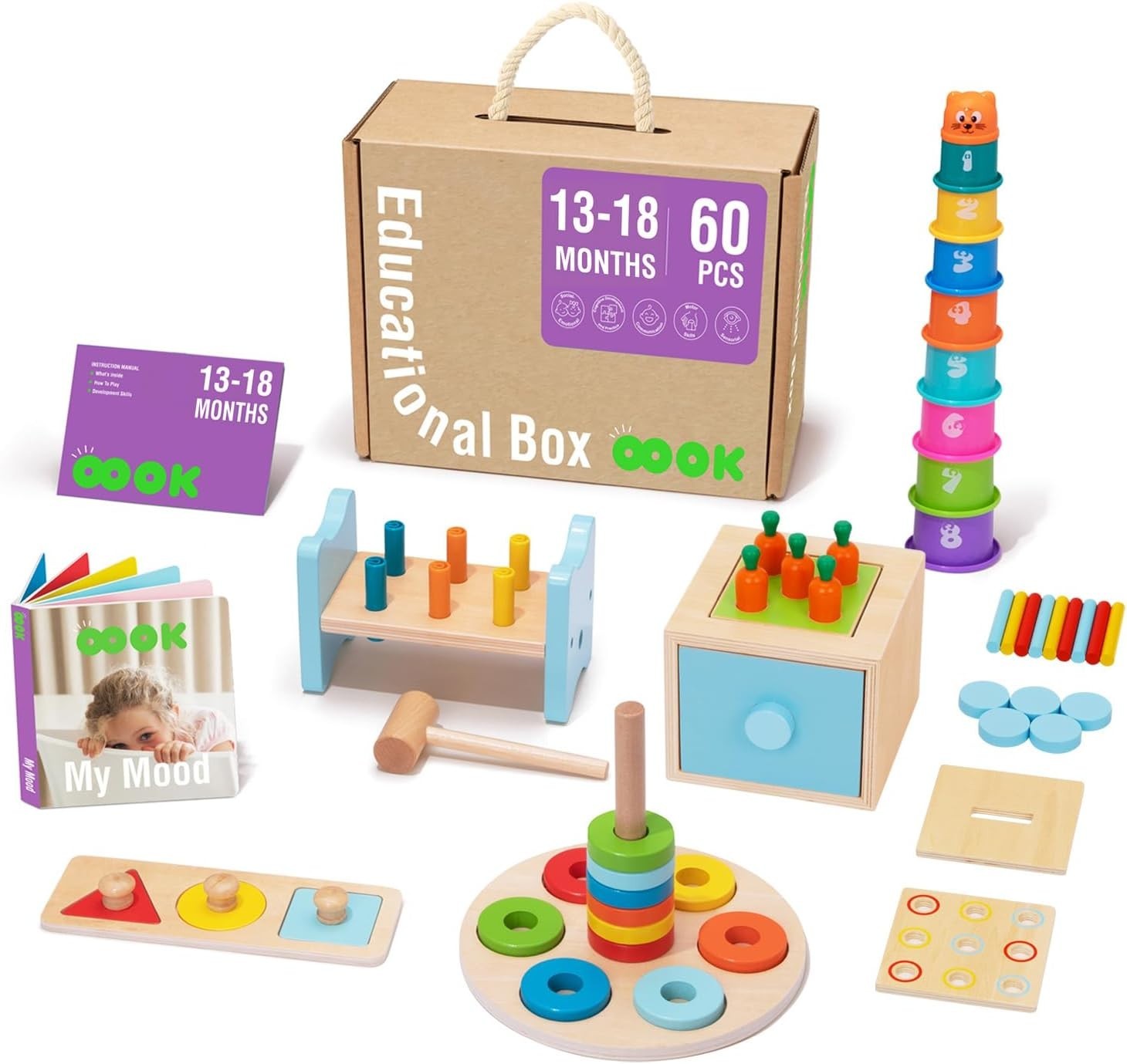 Montessori Toys for 1 Year Old, 8 in 1 Learning Educational Set Wooden Toys (Inc