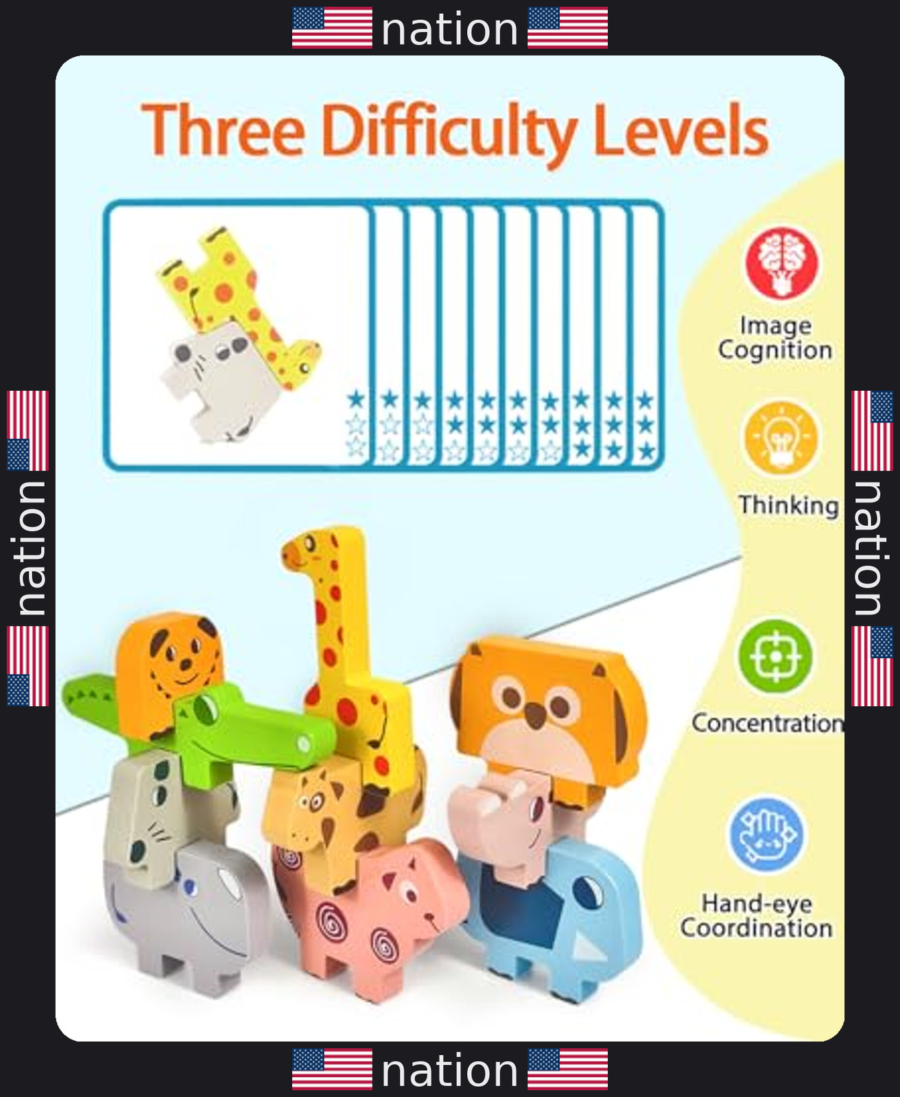 Montessori Wooden Animal Blocks 10-Pack for 1-3 Year Old Boys & Girls