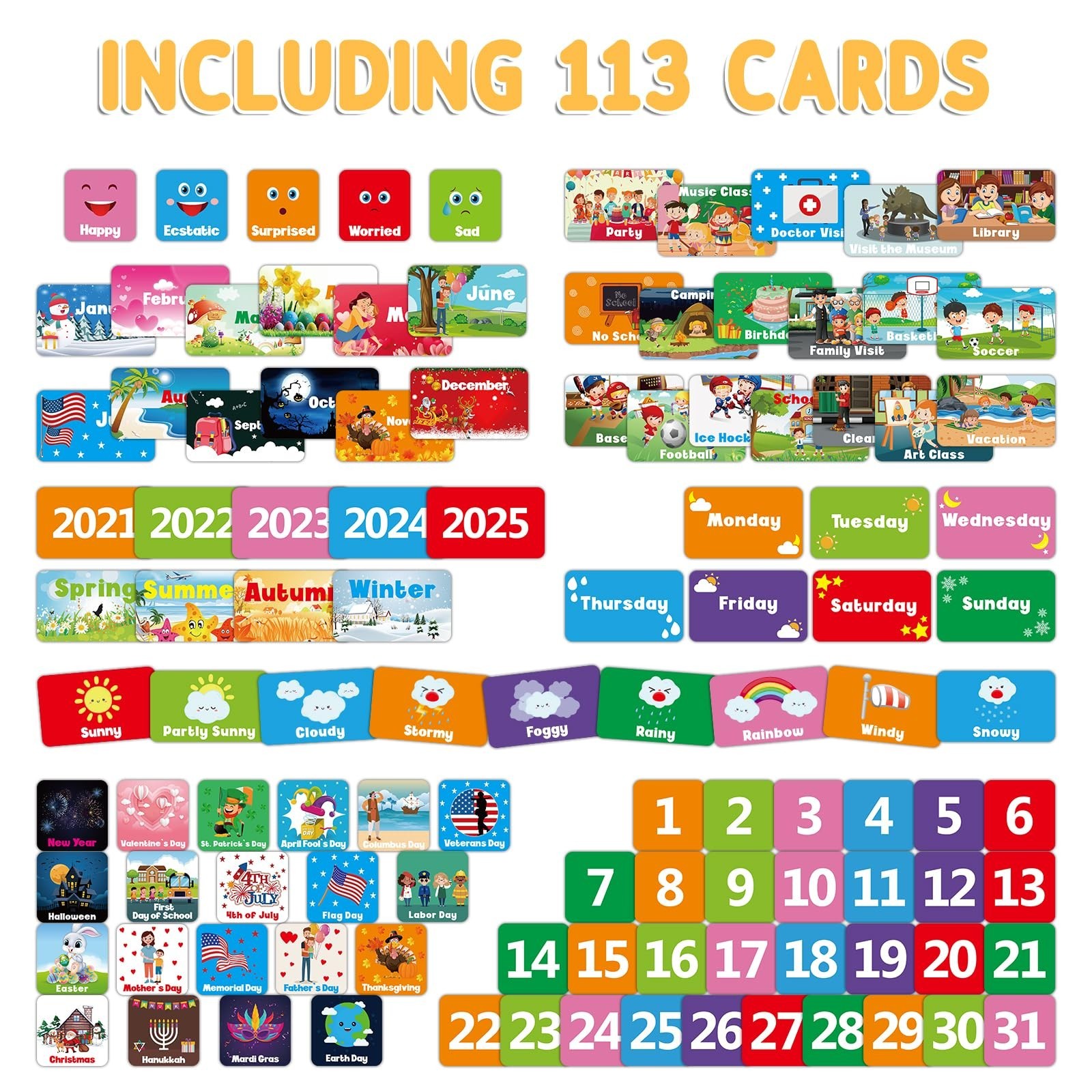 Large 44.5”x28” Kids Calendar & Weather Pocket Chart, 113 Cards, Homeschool Supp