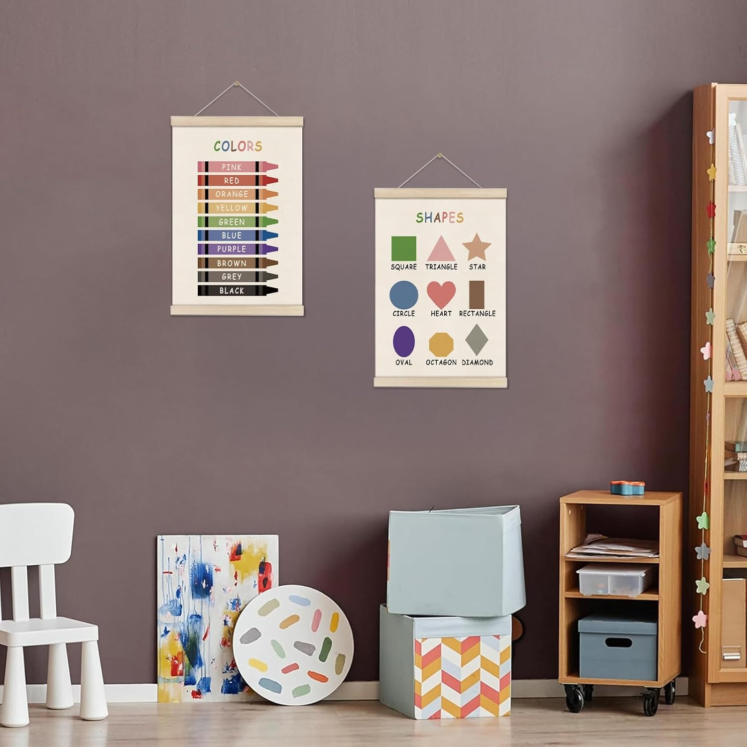 Colors Shapes Posters Hanger Frame, Educational Posters for Toddler Kids, Set of