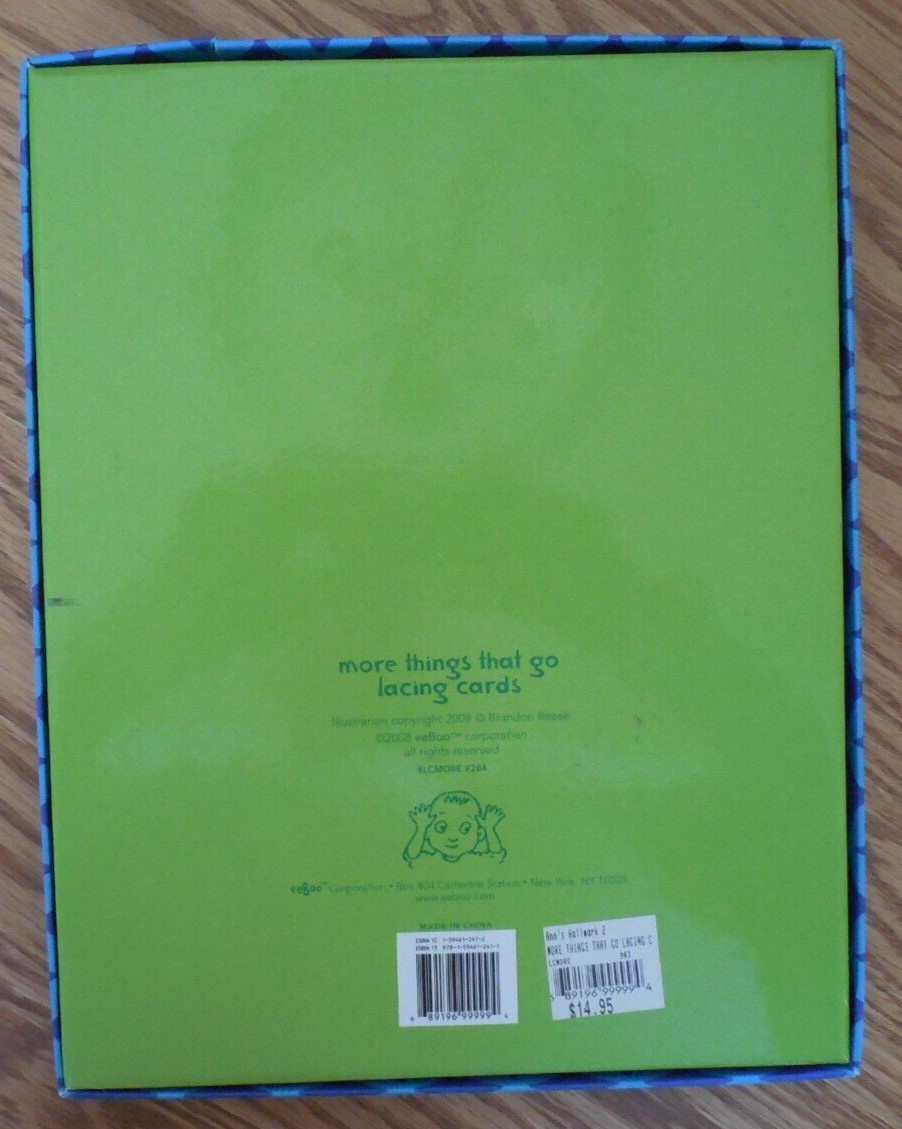EUC 2008 eeBoo “More Things That Go” Lacing Cards with 5 Cards & Laces