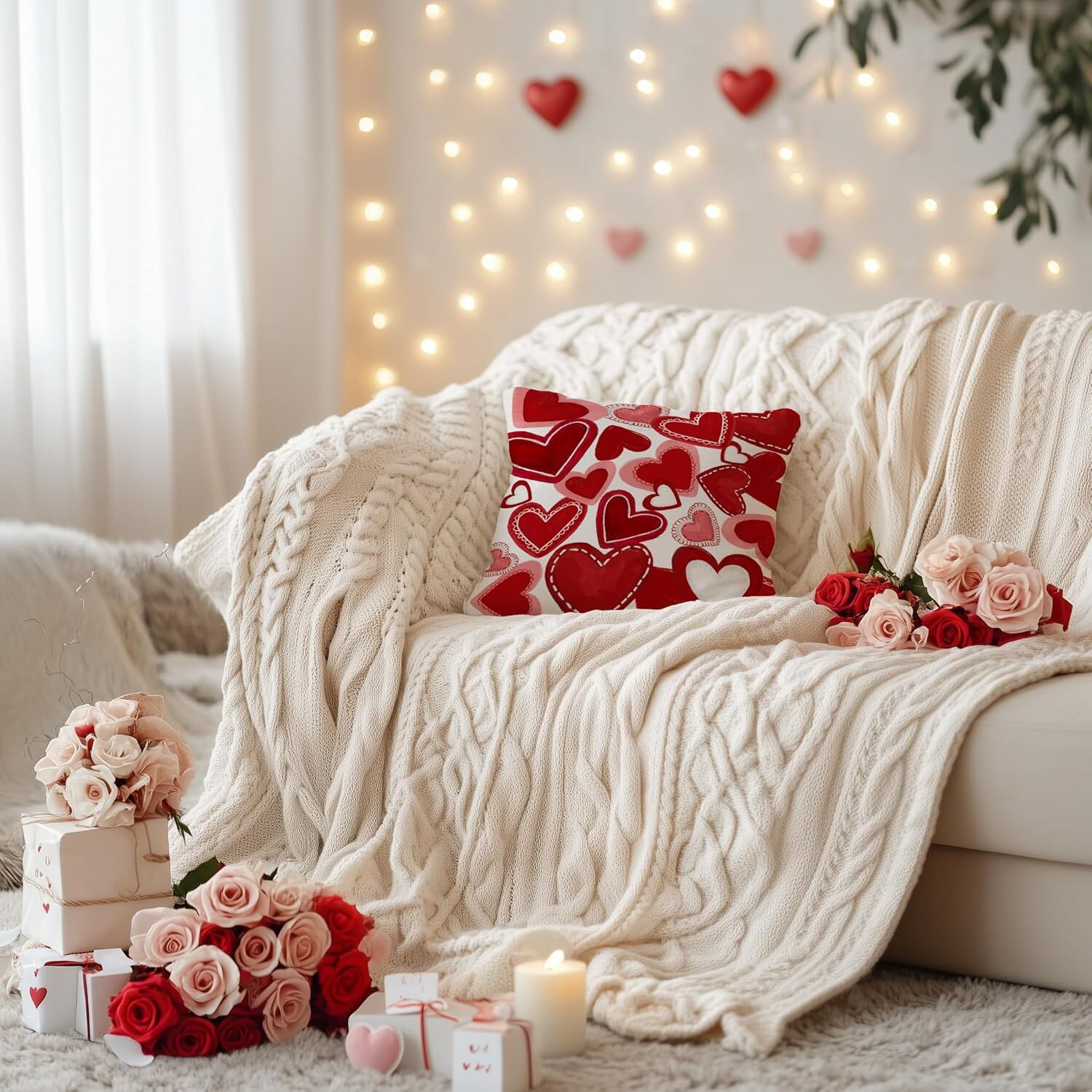 AACORS Valentines Pillow Covers 18×18 Inch Red Hearts Decorative Pillow Case