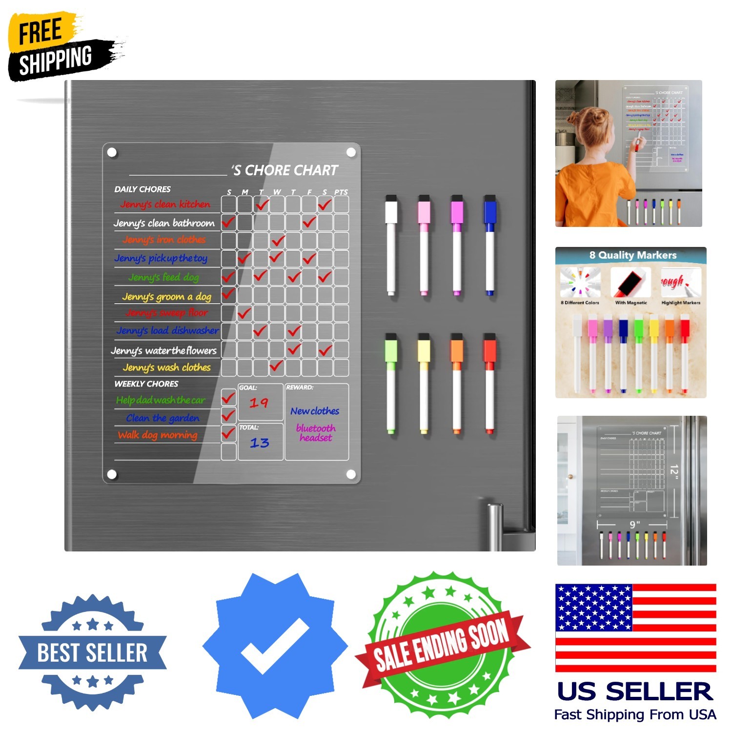 Acrylic Magnetic Chore Chart for Fridge, Clear Dry Erase Chores Chart for Ref…