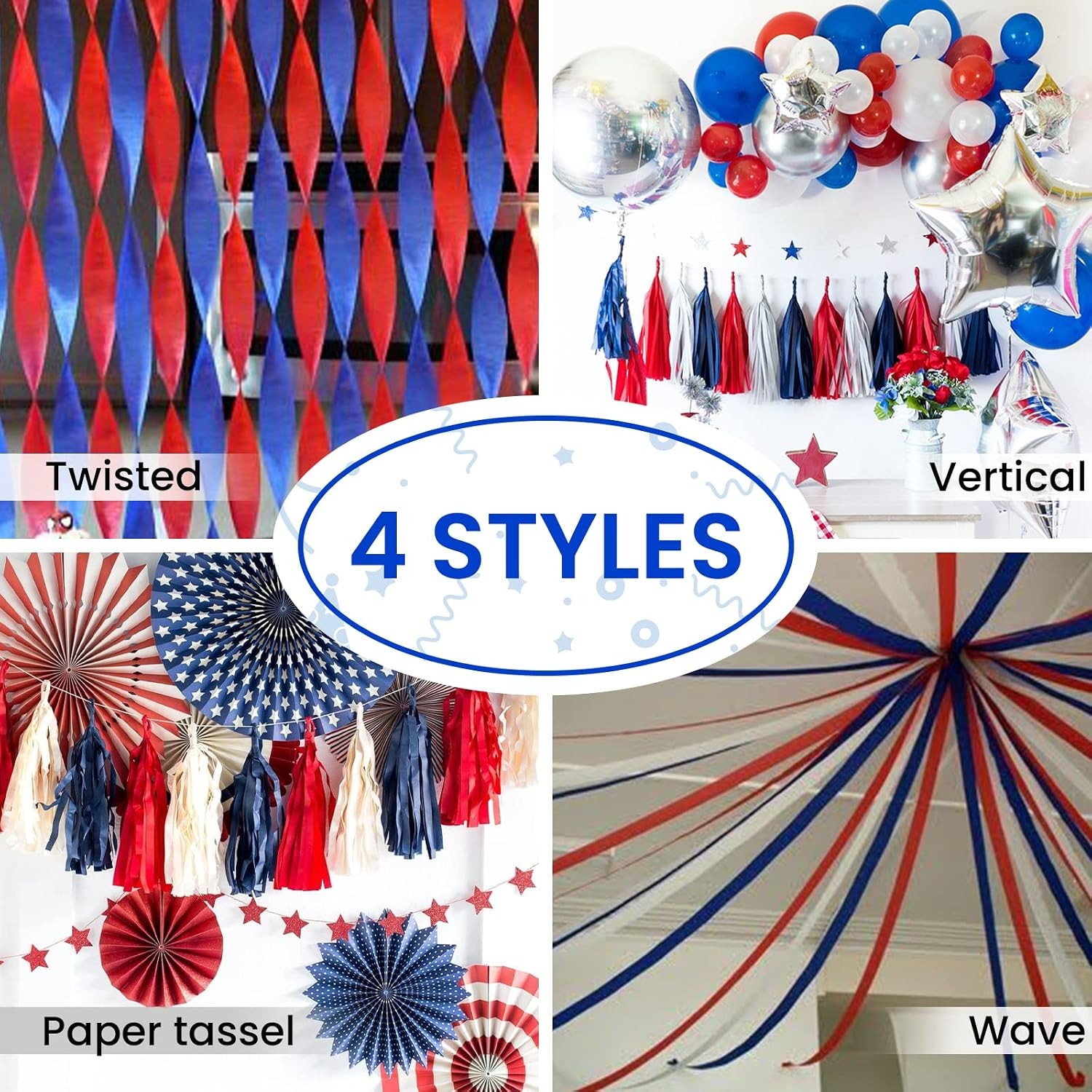 PartyWoo Patriotic Red White and Blue Crepe Paper Streamers 6pcs 492ft Pack of R