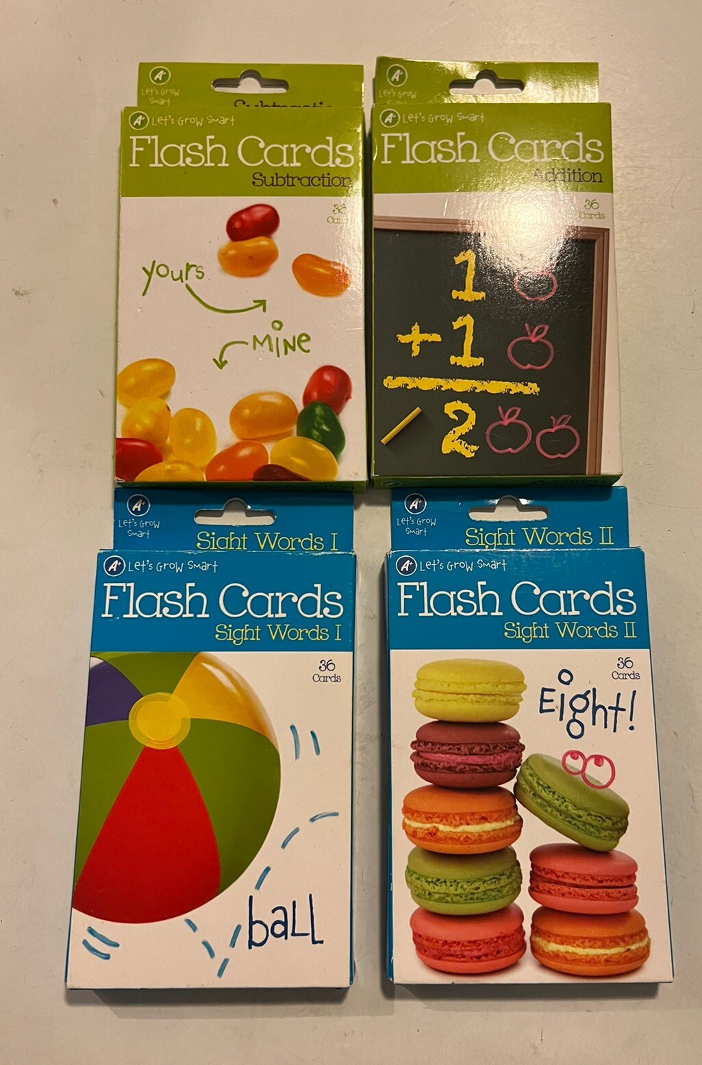 4 Sets Let’s Grow Smart Flash Cards 36 pack Addition Subtraction Slight Words