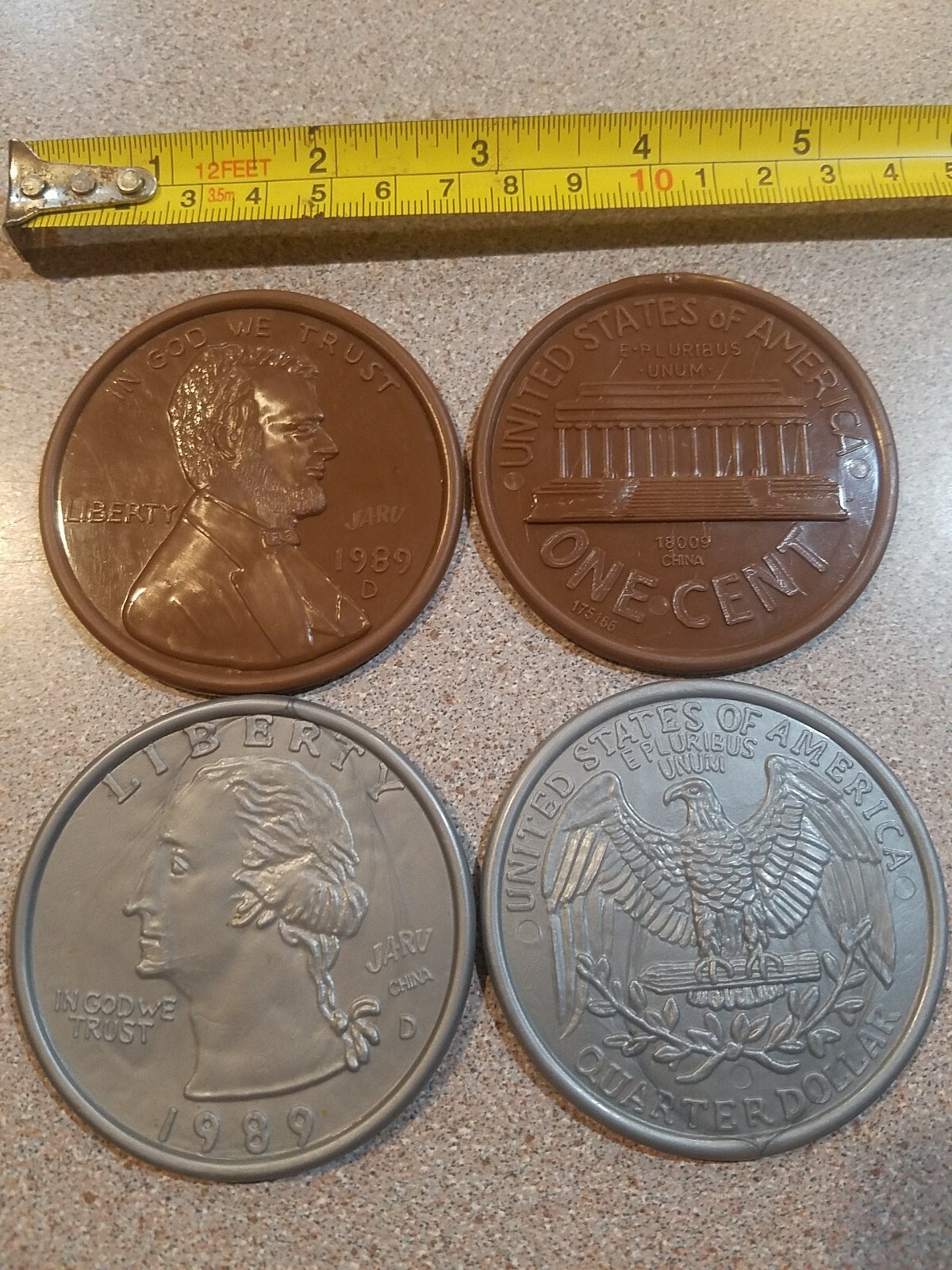 Lot Of 4 Plastic Money Coins 1989 One Cent Penny 25 Quarter Dollar Kids Toys