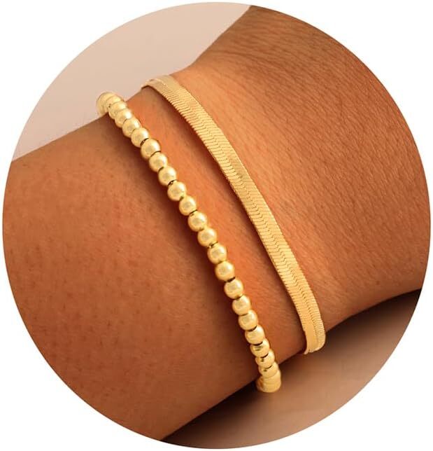 Gold Bracelets for Women – Dainty 18K Gold Plated Trendy Bead Rope Cuban Figaro