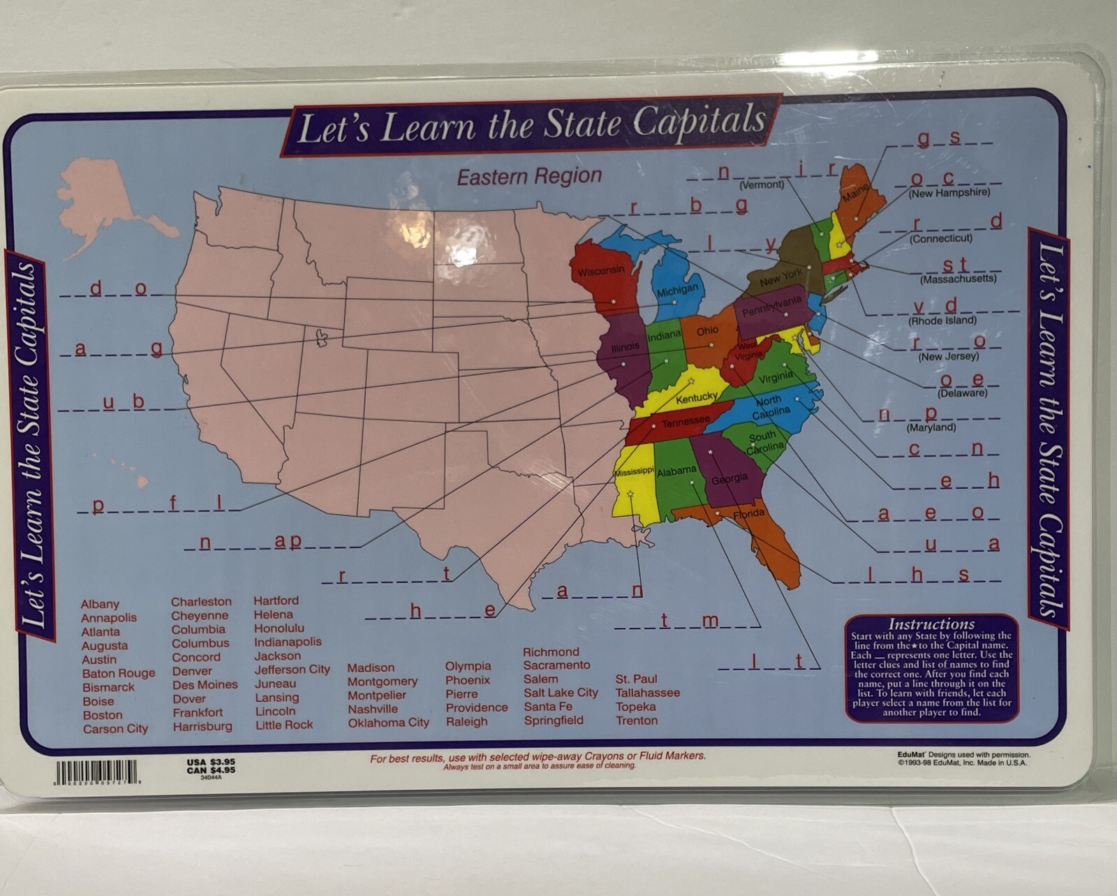 Placemat United States Lets Learn The State Capitols Edu. 93-98 Edumat USA