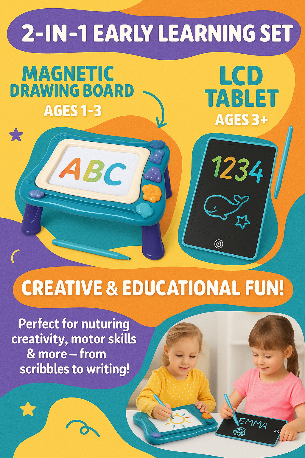 JoyX 2-Pack Magnetic Drawing Board & LCD Tablet for Kids – Joy-Doodle & Portable
