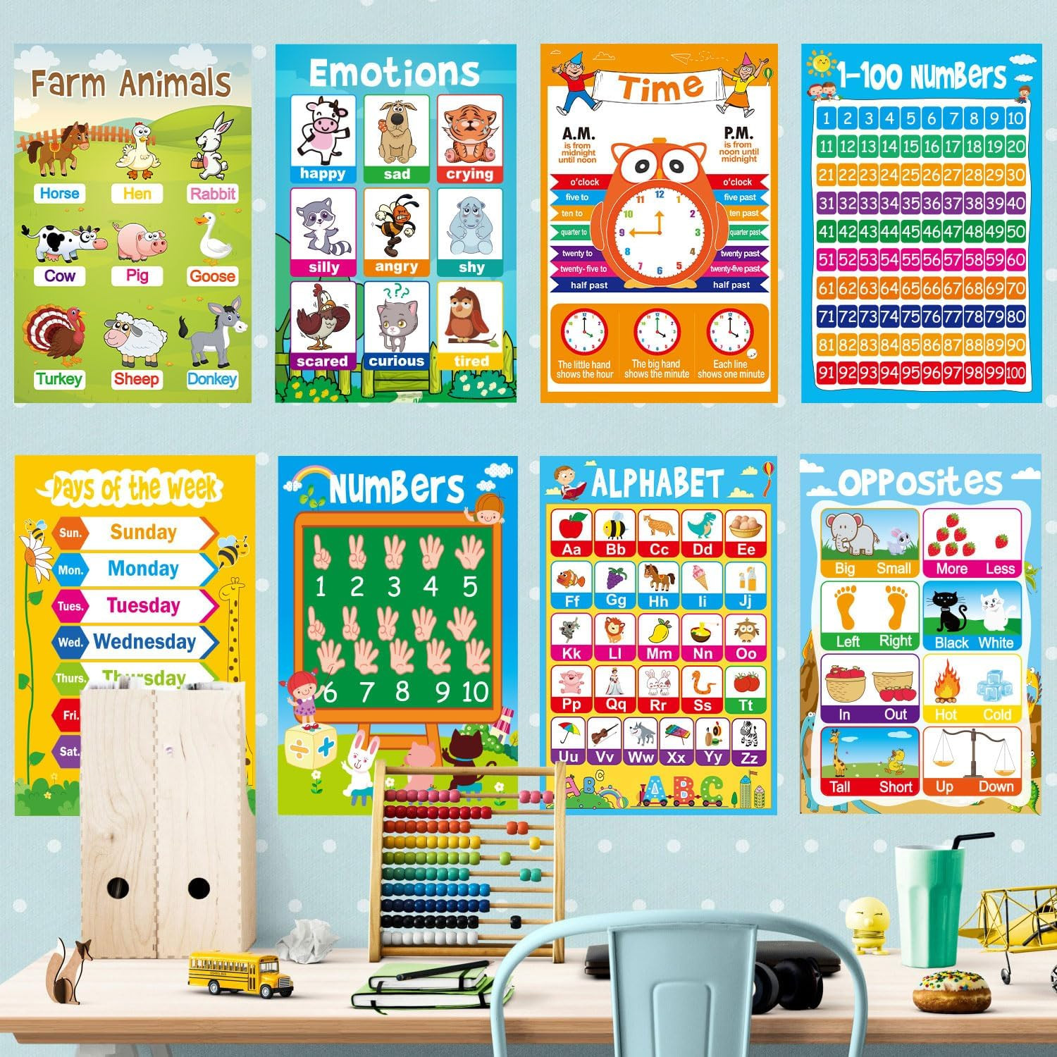15 Educational Posters for Toddlers Kids Learning Alphabet Numbers Shapes Colors