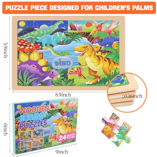 4 Packs 24 PCs Wooden Puzzles for Kids Ages 3-5, Montessori Toddler Animal