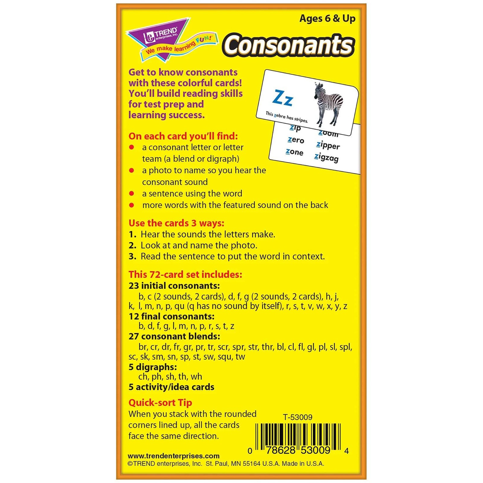 TREND ENTERPRISES, INC. Consonants Flash Cards, 3 x 6 in (T-53009)