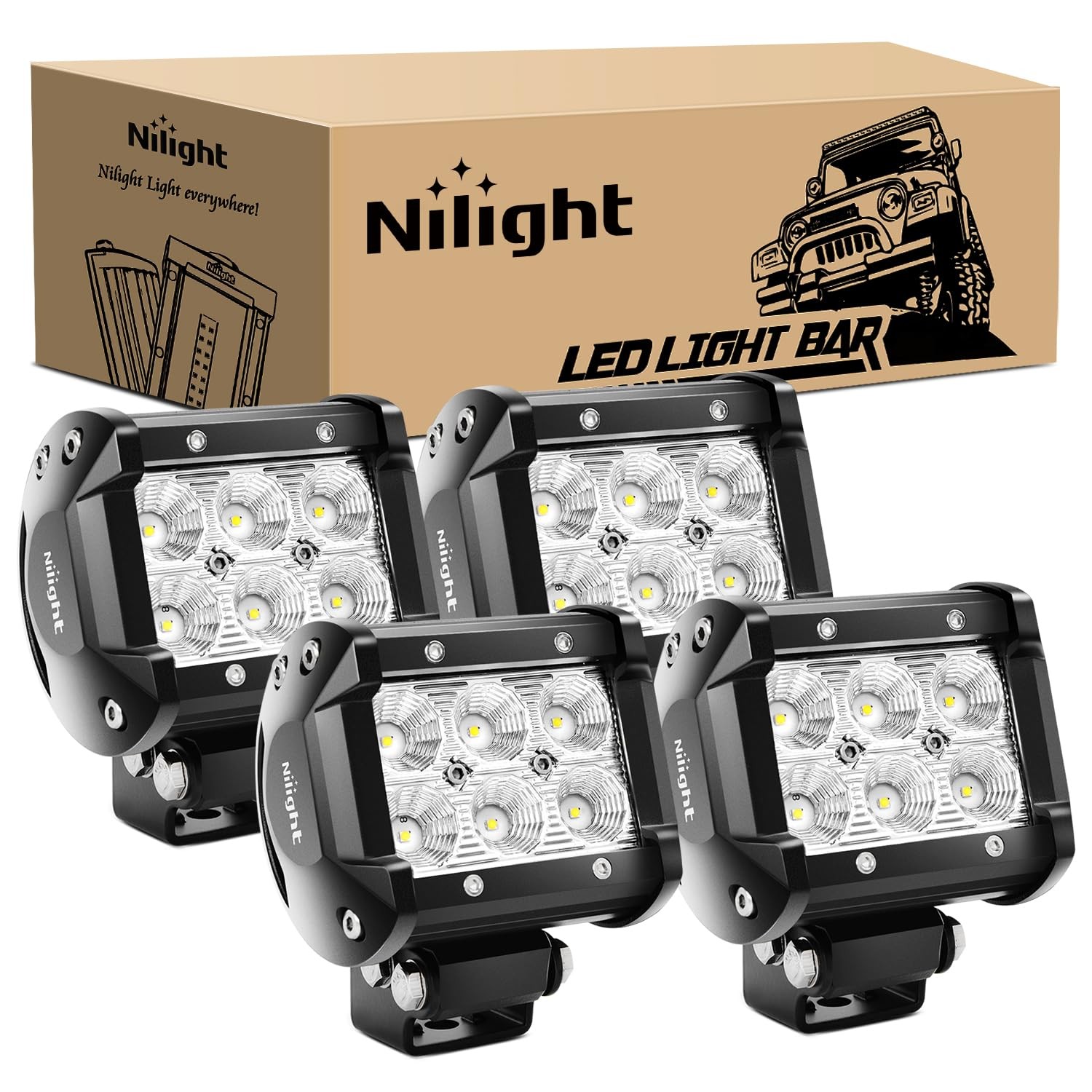 Nilight 4PCS LED Pods 18W 1260lm Flood Driving Fog Off Road Light Bar Kit