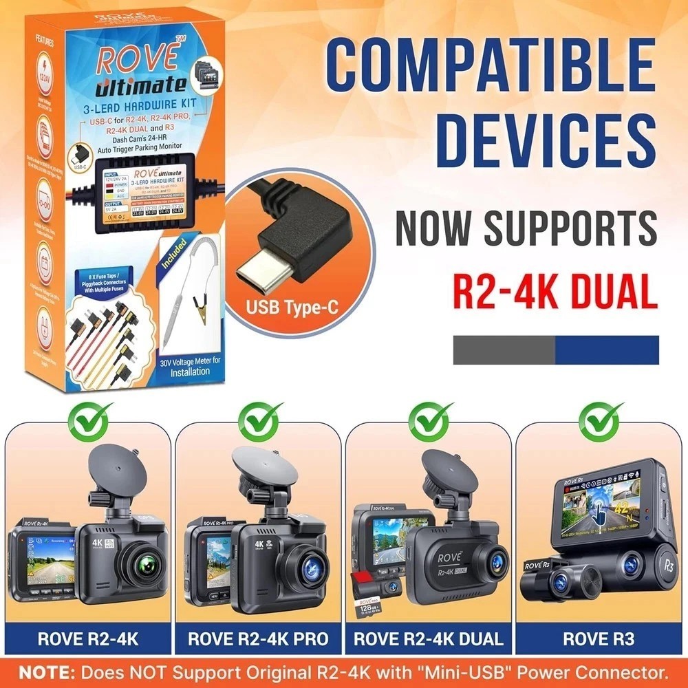 ROVE Ultimate Dash Cam Hardwire Kit with USB-C Port for R2-4K, R2-4K PRO, R2-4K