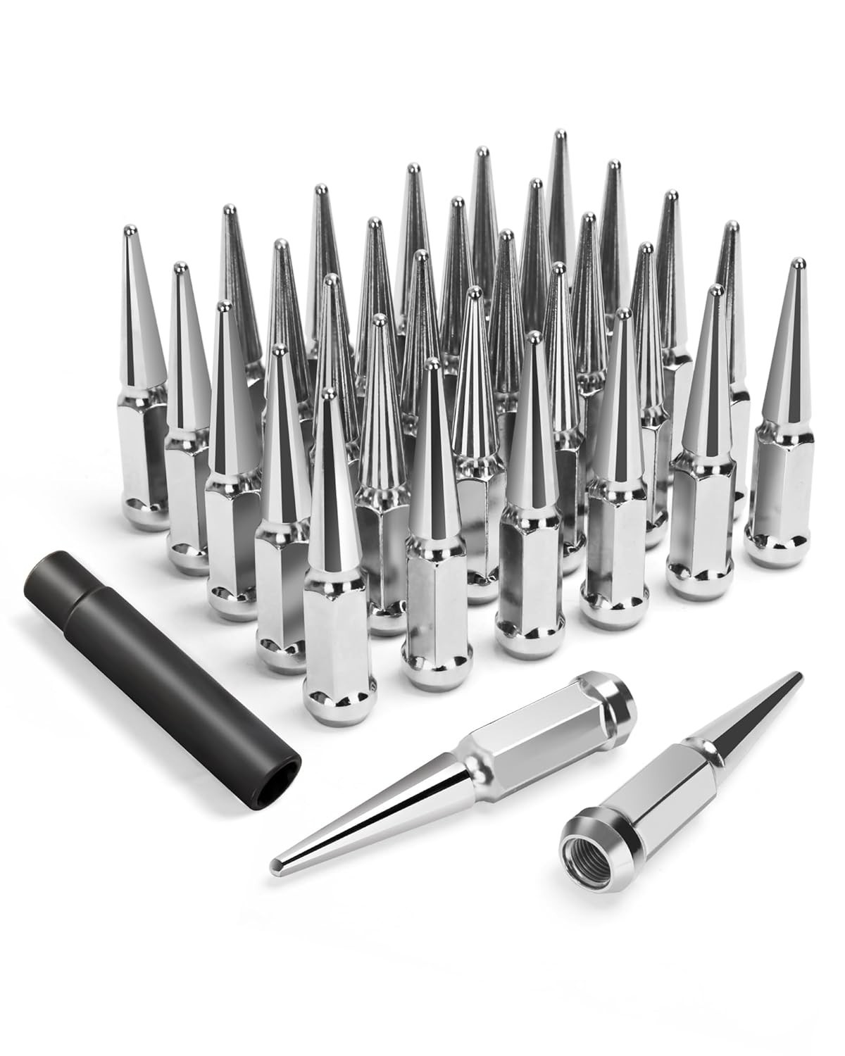 32PCS 14X1.5 Spike lug nut 4.4″ Tall-Chevy Silverado 8Lug, M14x1.5 Electroplated