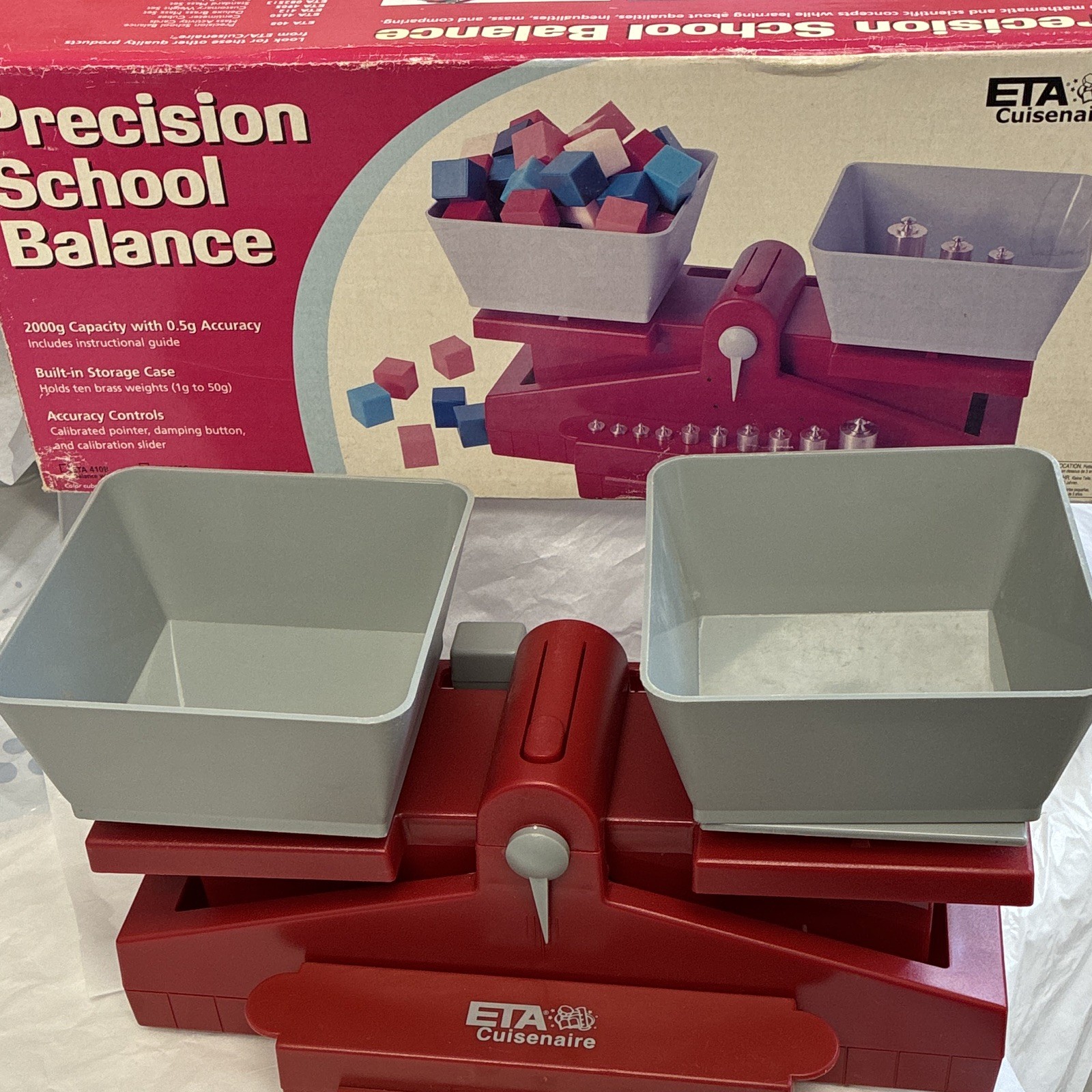 ETA Cuisenaire Precision School Balance Scale ETA 408 w/ Weights, Red/Gray