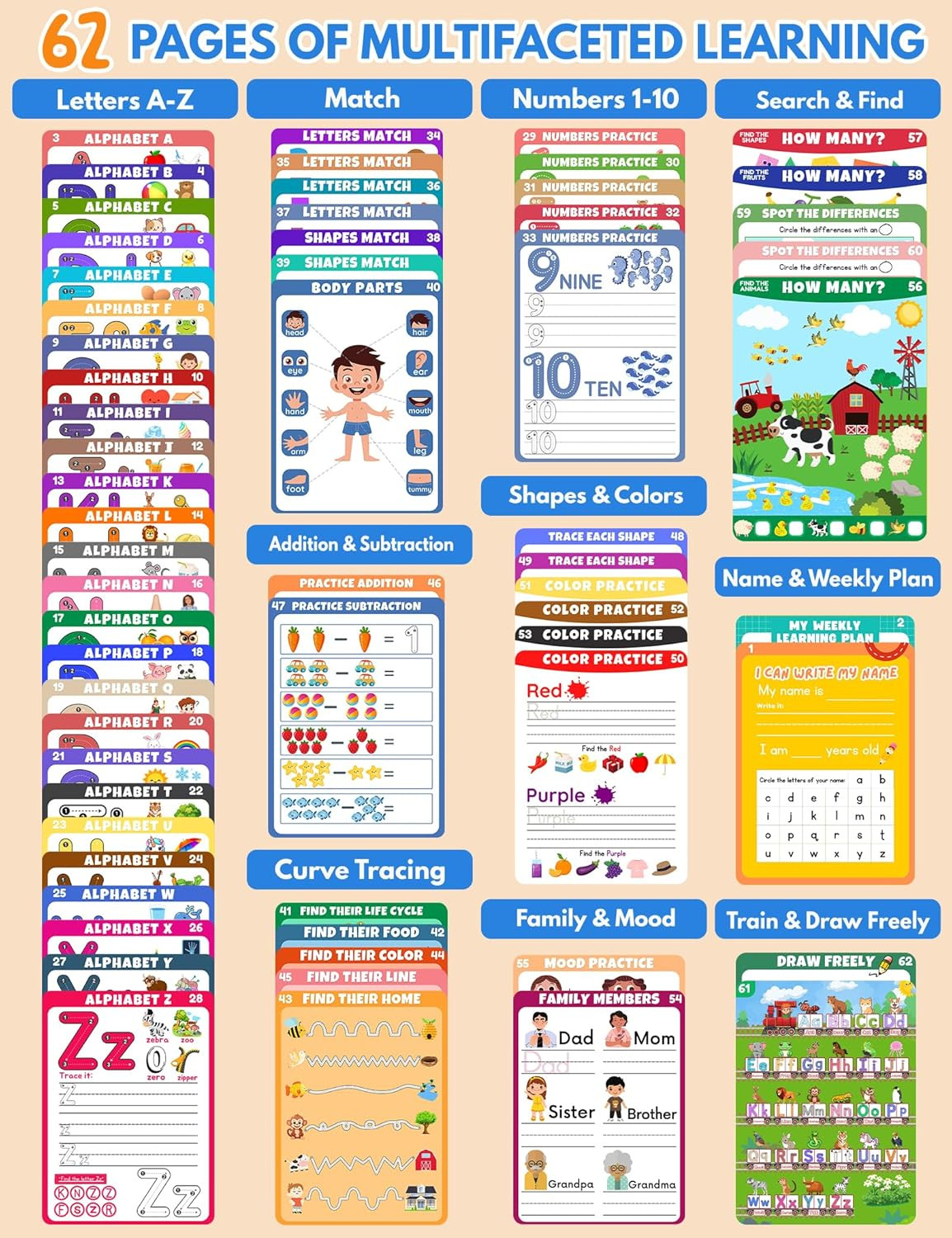 Preschool Learning Activities Educational Workbook, 62 Reusable Pages Pre Kinder
