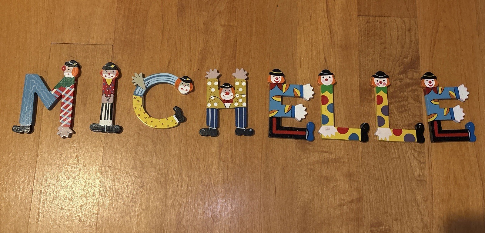 Lot of 8 Vintage Sevi Handpainted 3.5″ Wooden Alphabet Clown Letters “MICHELLE”
