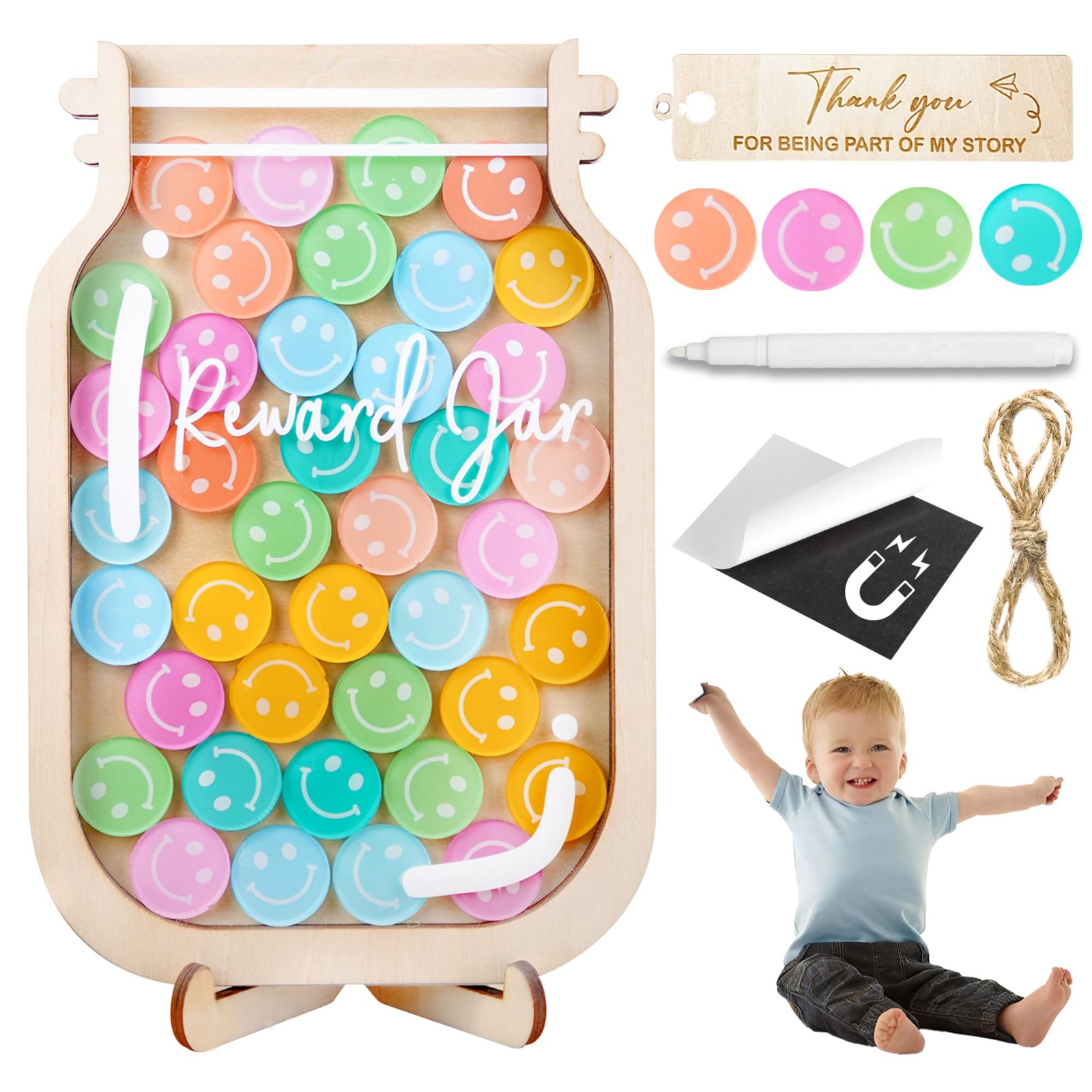 Smiley Face 11″ Reward Jar Magnetic DIY Name 75 Tokens for Classroom Kids Potty