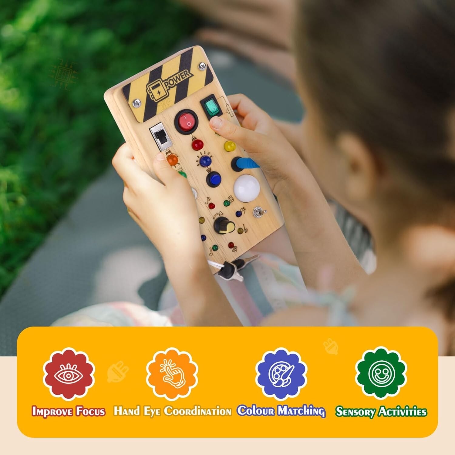 Handcrafted Montessori Busy Board for Ages 1+, 8 LED Lights for Sensory Learning