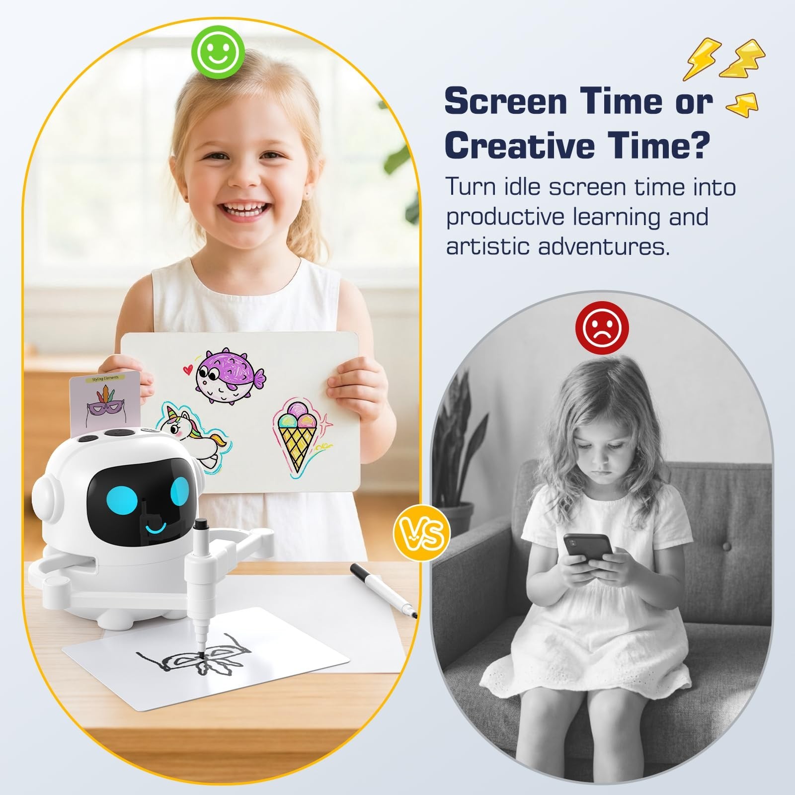 Interactive Drawing Robot Toy for Kids, 200 Cards, Voice & Music, Montessori Gif