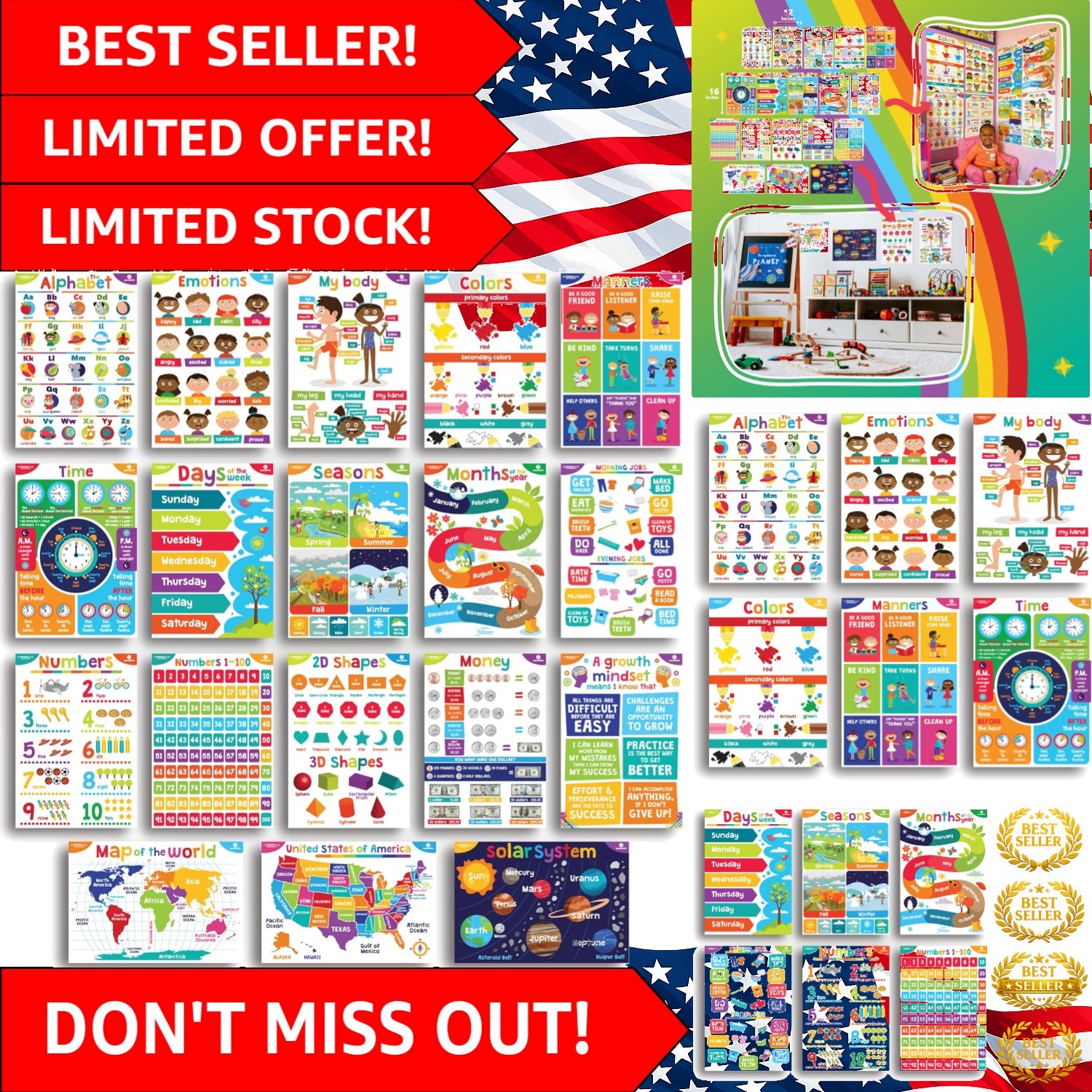 18 Educational Posters Bundle for Toddlers – 12″x16″ Colorful Learning Charts