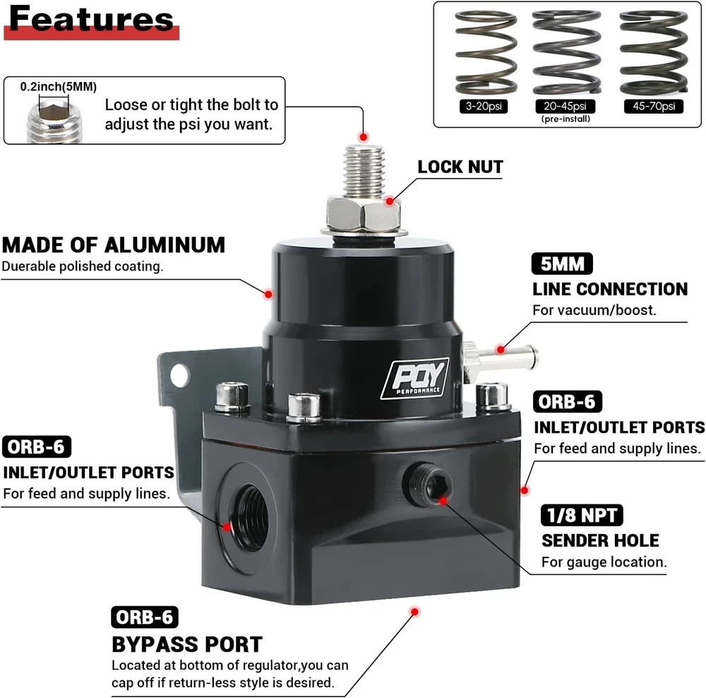 Adjustable Fuel Pressure Regulator Kit 3-70PSI With 6AN Return and 6AN feed Port