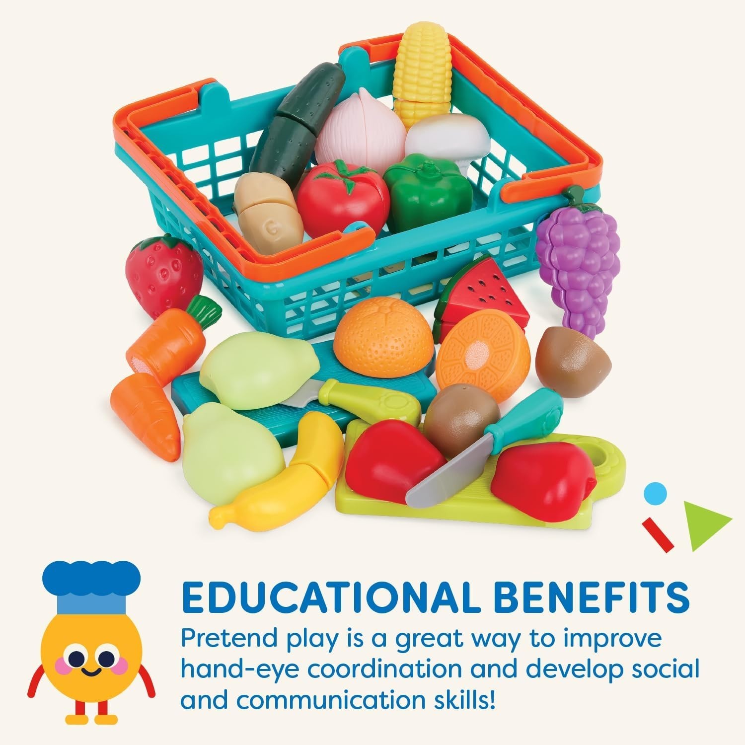 Multicolor Farmers Market Toy Food Basket for Creative Pretend Play – 37 Pieces