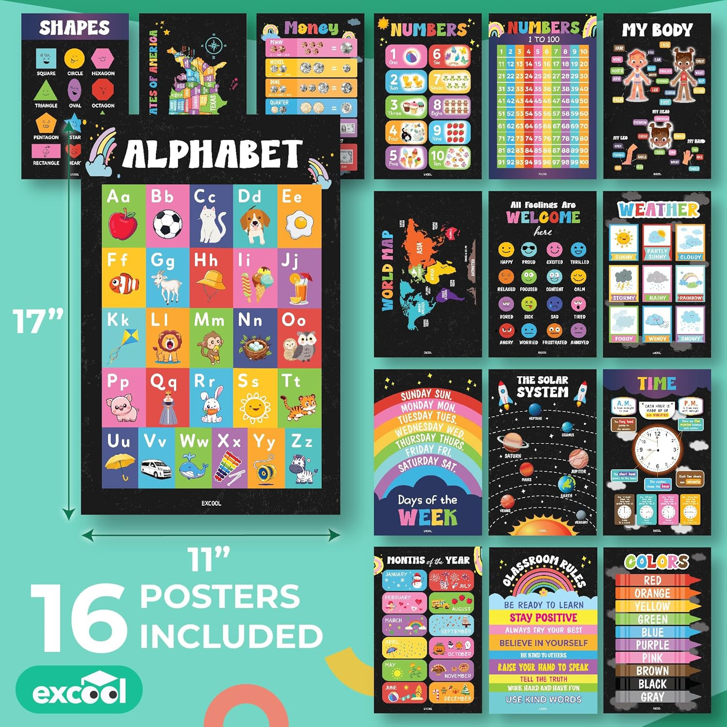 16 Chalkboard Educational Posters for Toddlers 1-3, Toddler Learning Posters for