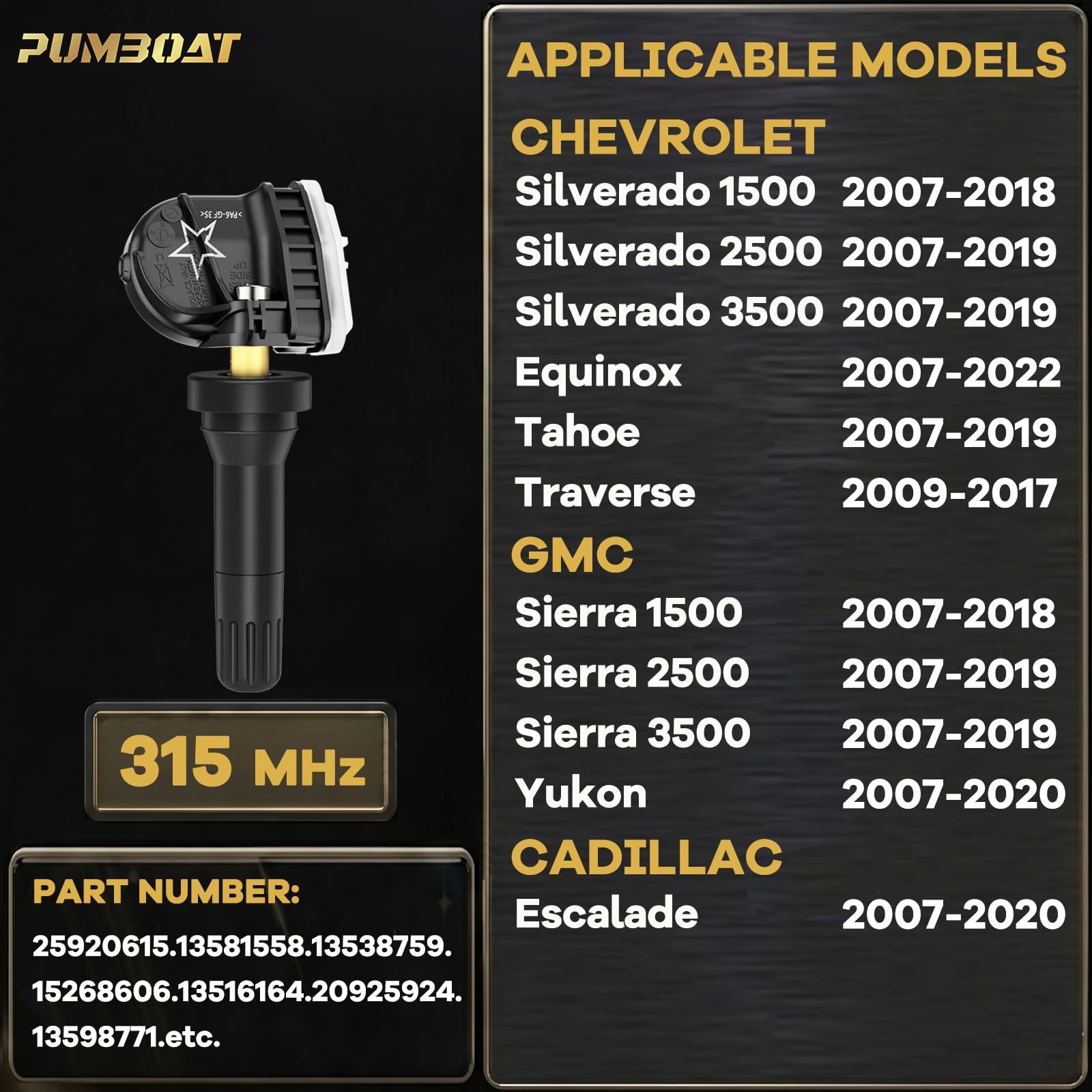 PUMBOAT 315MHz TPMS Silverado/Equinox/Tahoe/Escalade